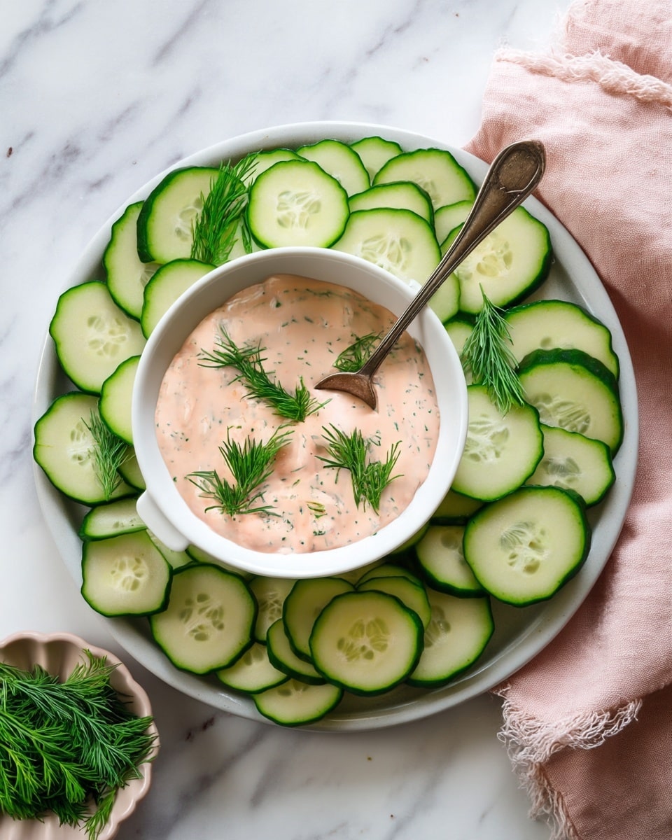A white round plate holds a ring of evenly sliced cucumber pieces with dark green edges and pale green centers. In the center of the plate sits a white bowl filled with a creamy, light pinkish sauce with visible green herbs mixed in. The sauce is topped with five small sprigs of fresh green dill. A vintage silver spoon rests inside the bowl with its handle extending out and across some cucumber slices. The setting is on a white marbled surface, with a light pink cloth partially visible on the right side and a small bowl of fresh dill in the lower left corner. Photo taken with an iphone --ar 4:5 --v 7