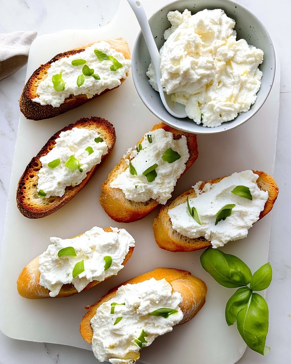 Six slices of golden toasted bread are placed on a white cutting board on a white marbled surface, each topped with a thick layer of soft white ricotta cheese garnished with small pieces of green basil leaves. To the top right of the board, a white bowl contains a heap of the same ricotta cheese, with a white spoon resting inside. Near the bottom right corner of the board, a small sprig of fresh green basil adds a touch of color. Photo taken with an iphone --ar 4:5 --v 7