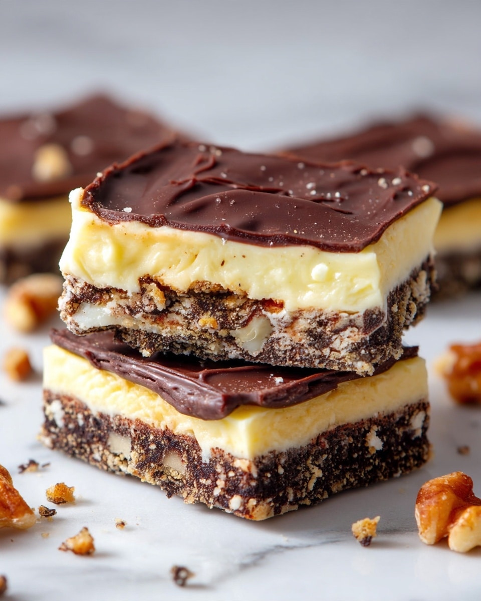 A close-up view of a stack of three dessert bars on a white marbled surface, each bar showing three clear layers: the bottom layer is dark brown and crumbly with bits of nuts and cookie pieces, the middle layer is thick and creamy pale yellow, and the top layer is a smooth, dark chocolate sheet that looks slightly wavy. Small crumbs are scattered around the base of the stack, adding texture and natural detail to the scene. photo taken with an iphone --ar 4:5 --v 7