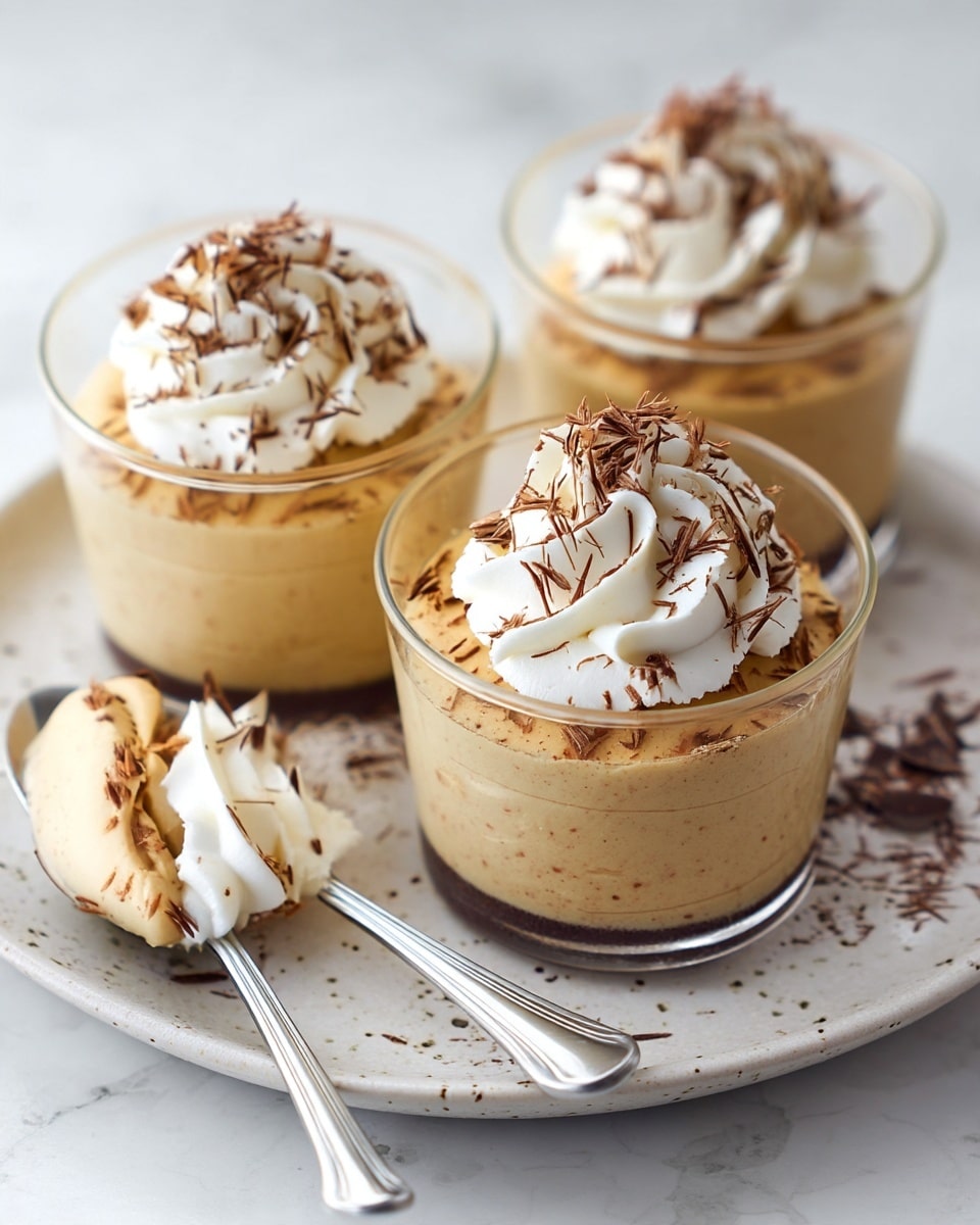 Three glass cups hold a creamy light brown mousse with a smooth, airy texture. Each mousse cup is topped with a thick swirl of white whipped cream, which is sprinkled with thin dark brown chocolate shavings. The cups sit on a white plate with a speckled pattern, placed on a white marbled surface. One mousse cup is partially eaten, showing the fluffy inside. Two silver spoons with dollops of whipped cream and chocolate shavings rest on the plate. Photo taken with an iphone --ar 4:5 --v 7