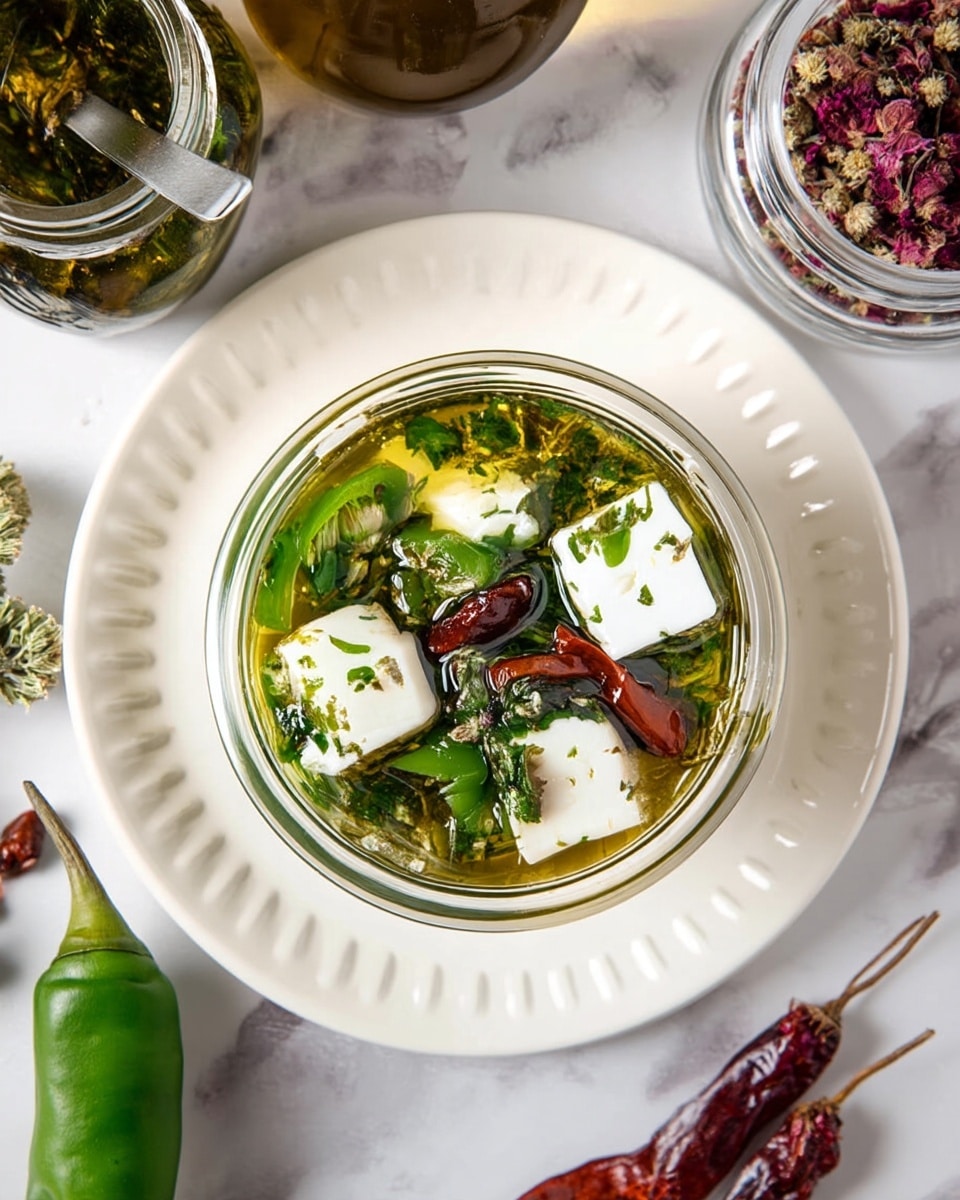 A top-down view of a small glass bowl filled with a bright green oil sauce, containing four white cheese cubes, sliced green chili, dried red chili, and sprinkled green herbs spread evenly inside; the bowl sits on a white plate with subtle ridges around the edge, all placed on a white marbled surface. Nearby are glass containers with herbs and oil, a whole green chili, small dried red chilies, and dried flowers. Photo taken with an iphone --ar 4:5 --v 7