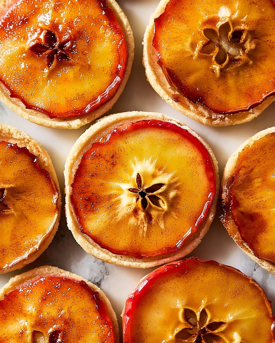 The image shows several round mini tarts arranged closely together on a white marbled surface. Each tart has two layers: a base crust that is a pale beige with a slightly crumbly texture and a top layer of glossy, thin, caramelized apple slices with a reddish edge and a star-shaped core pattern in the center. The apple slices have a warm golden-brown color with a light dusting of cinnamon, giving a slightly speckled look. The glossy caramel glaze on top adds shine and a smooth texture, contrasting with the crust’s roughness. photo taken with an iphone --ar 4:5 --v 7