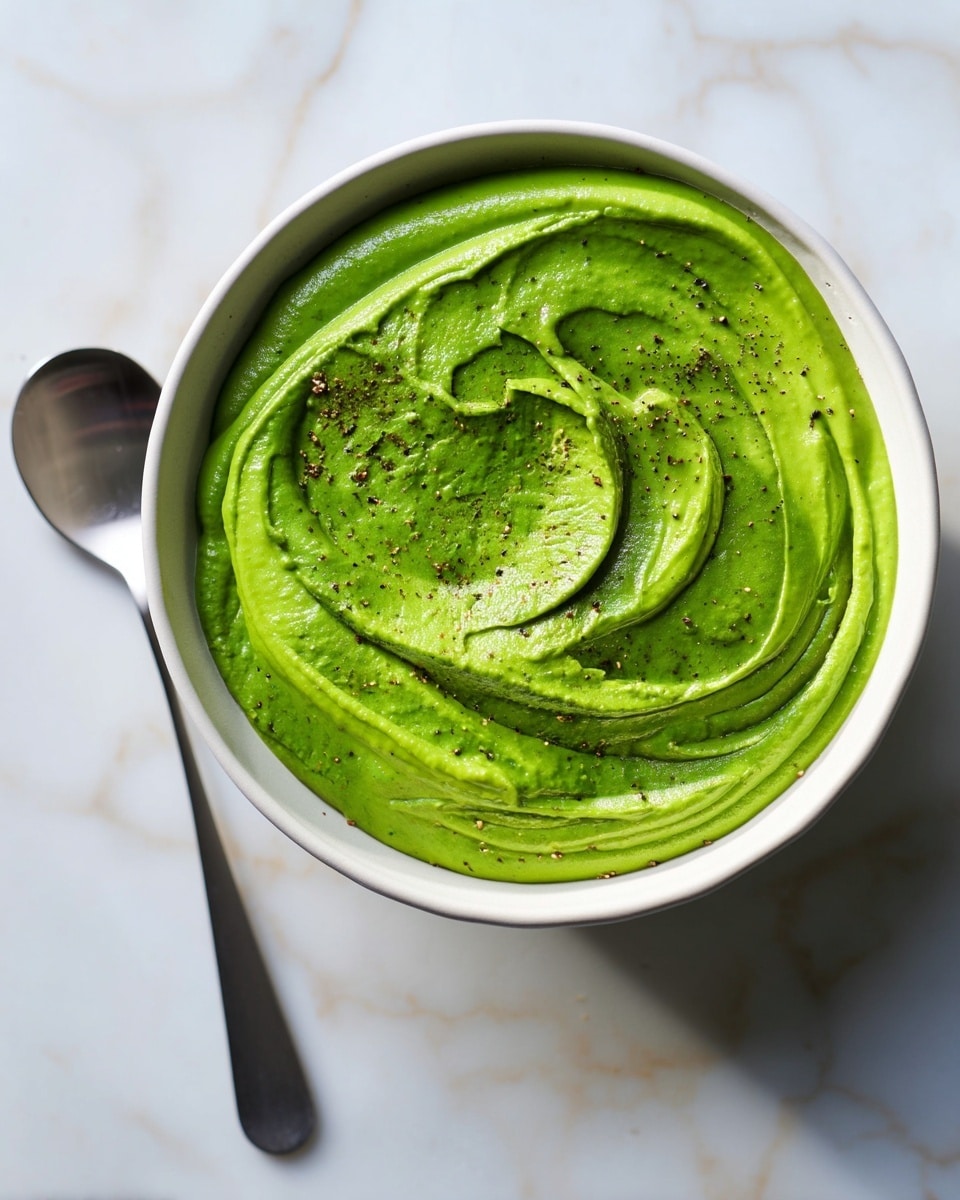 A close-up of thick green soup with a smooth, creamy texture fills a white bowl. The soup is swirled attractively on top and has small black pepper flakes sprinkled evenly over the surface. The bowl sits on a white marbled texture with a shiny silver spoon resting beside it. The colors are fresh and vibrant, with the rich green of the soup contrasting against the white bowl and pale background. photo taken with an iphone --ar 4:5 --v 7