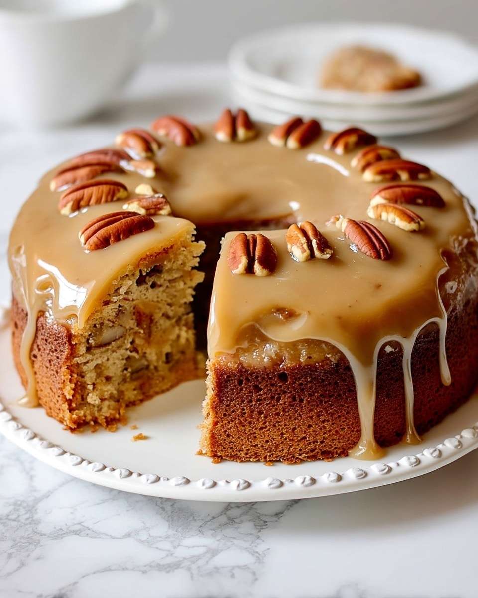 A two-layer round cake sits on a white plate with a small decorative edge, set against a white marbled surface. The cake is light brown with visible pieces of nuts inside the soft, moist crumb. The top of the cake is covered with a smooth, glossy light caramel-colored glaze that drips slightly over the edges. On top, evenly spaced around the ring, are halved pecans placed on the glaze. One slice is cut out, showing the layered inside texture and the thickness of the glaze on top. photo taken with an iphone --ar 4:5 --v 7