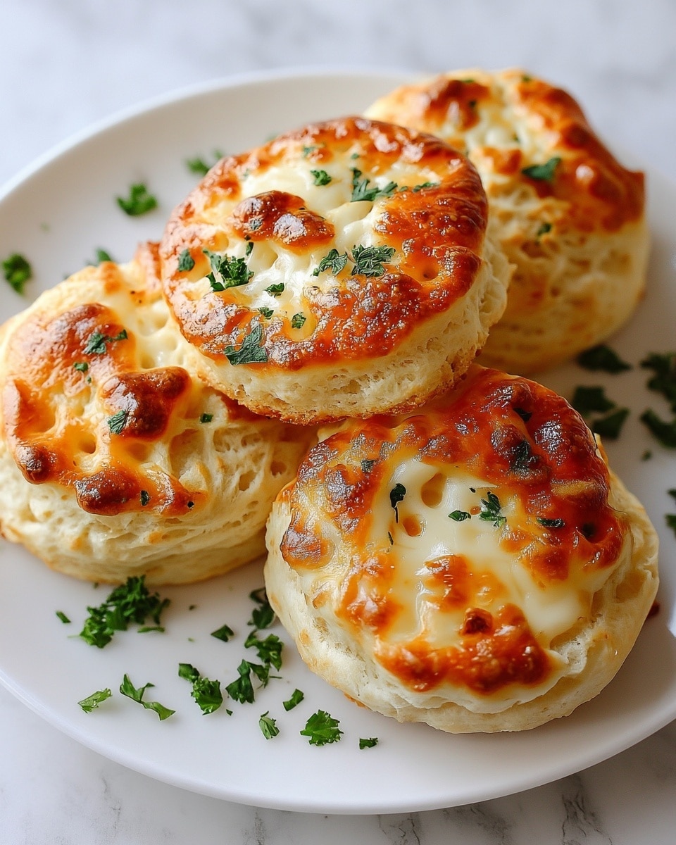 The image shows a close-up view of five round biscuits on a white plate with a white marbled background. Each biscuit has two visible layers: the bottom layer is a light golden-brown, fluffy dough with a slightly rough texture, and the top layer is melted cheese, golden and bubbly with some browned spots. Small pieces of green parsley are sprinkled on top of the cheese and scattered around the plate, adding color contrast. The biscuits have a soft, airy appearance with some cracks and crevices, and the lighting highlights the shiny, melted cheese texture. photo taken with an iphone --ar 4:5 --v 7