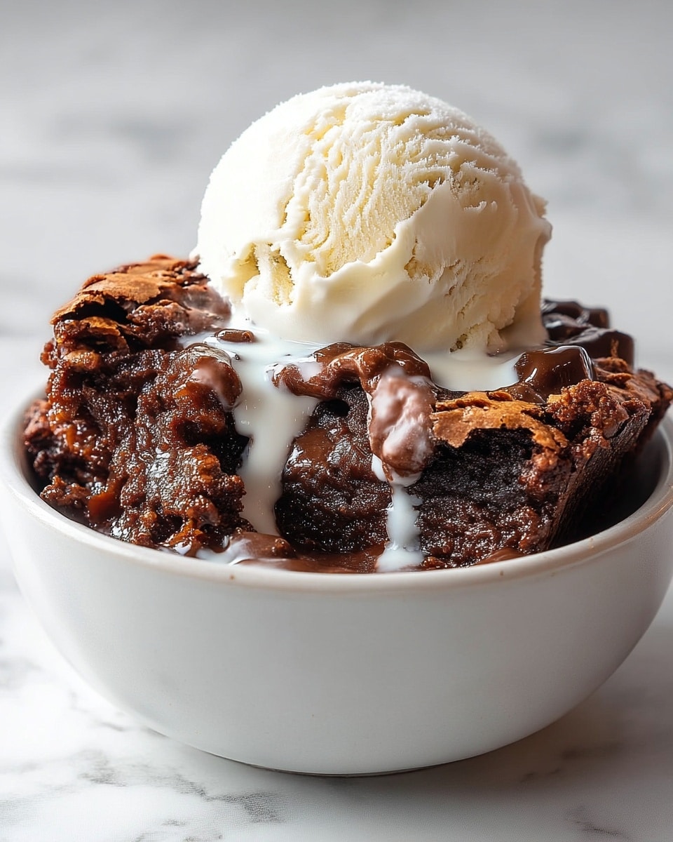 The image shows a deep white bowl filled with a warm, gooey chocolate brownie with a slightly cracked, crumbly top layer. In the center of the bowl, there is a single round scoop of smooth, creamy vanilla ice cream that is beginning to melt, creating small white rivulets that blend into the rich, dark brownie below. The brownie has a moist and dense texture with some shiny, melted chocolate spots, while the ice cream has a soft, slightly ridged surface from the scooping. The background has a subtle white marbled texture. Photo taken with an iphone --ar 4:5 --v 7