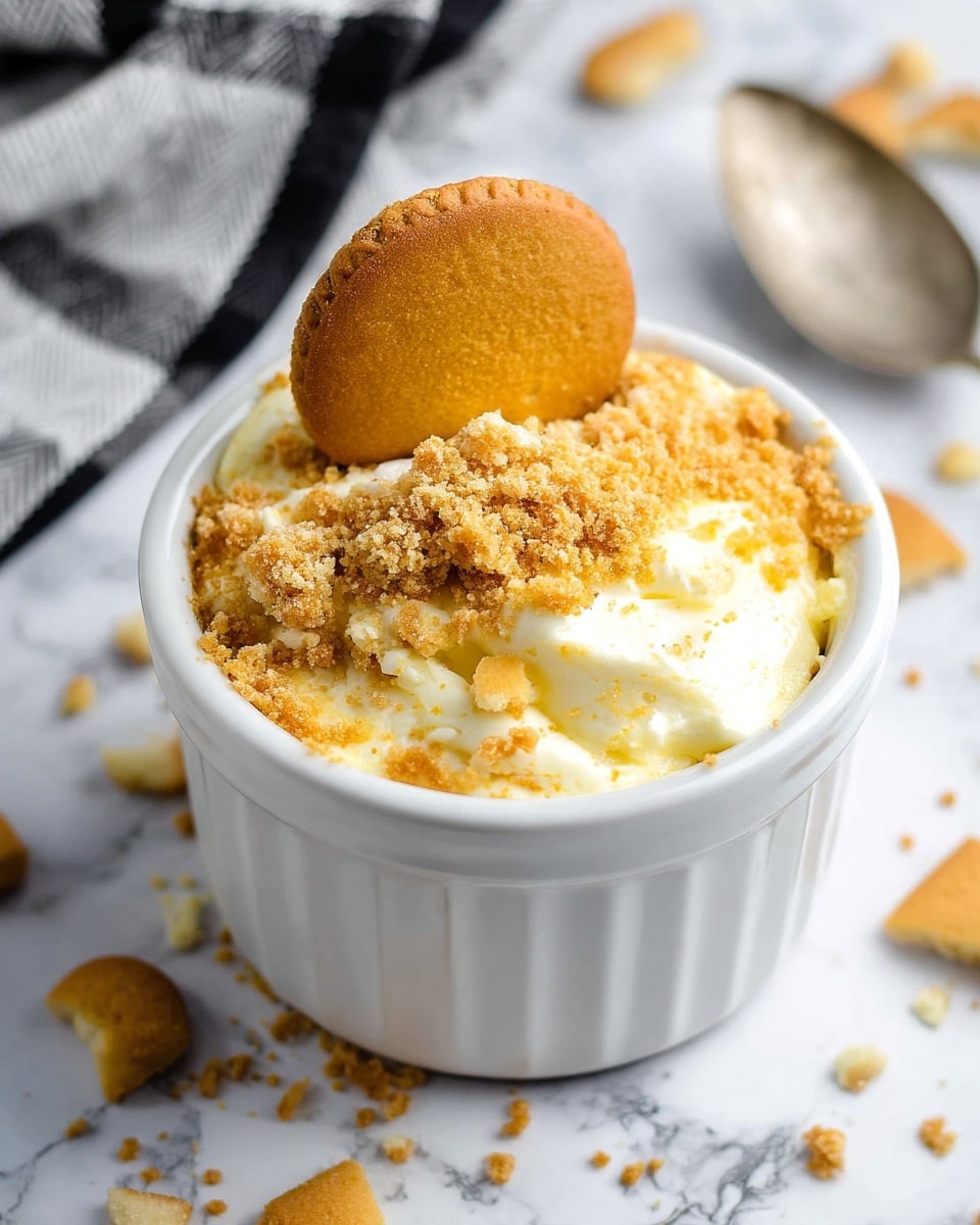 A white ceramic ramekin filled with a creamy dessert that has a thick, light yellow layer of cheesecake filling topped with crumbled golden brown vanilla wafer cookies and a whole round vanilla wafer cookie standing upright at the back edge. The dessert looks smooth and rich with the crunchy cookie crumbs broken unevenly across the top. The ramekin sits on a white marbled surface with some cookie crumbs scattered around it, and part of a black and white cloth is visible on the left side, with an old silver spoon blurred out on the right side. photo taken with an iphone --ar 4:5 --v 7