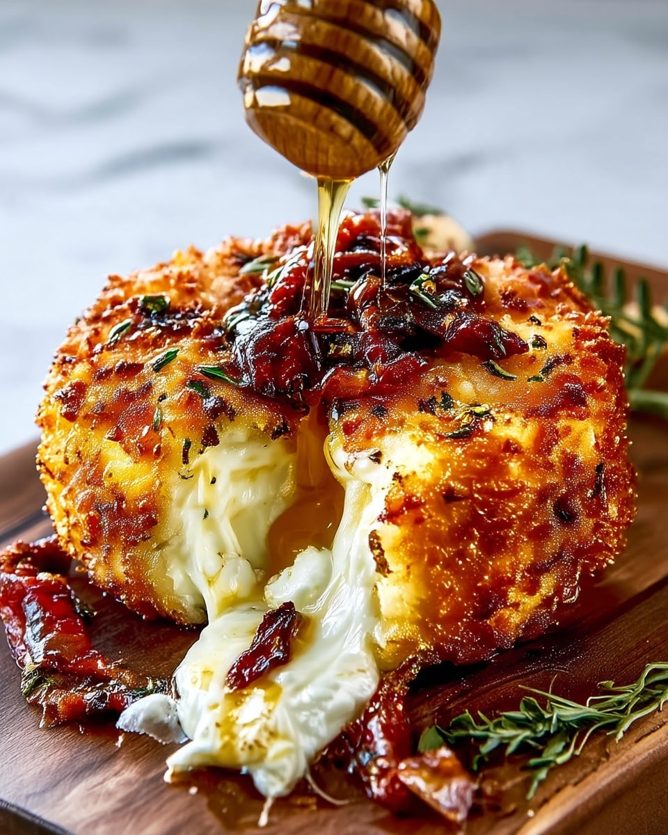 The image shows a golden brown, crispy fried round cheese ball with a crunchy textured outer layer. It is cut open in the middle, revealing soft, melted, white cheese inside flowing out. On top is a layer of dark red, glossy sun-dried tomatoes sprinkled with small green herb leaves. Honey is being drizzled over the top from a wooden honey dipper, adding a shiny golden layer. This dish is placed on a wooden board with some herbs and sun-dried tomatoes scattered around, set on a white marbled surface in the background. photo taken with an iphone --ar 4:5 --v 7