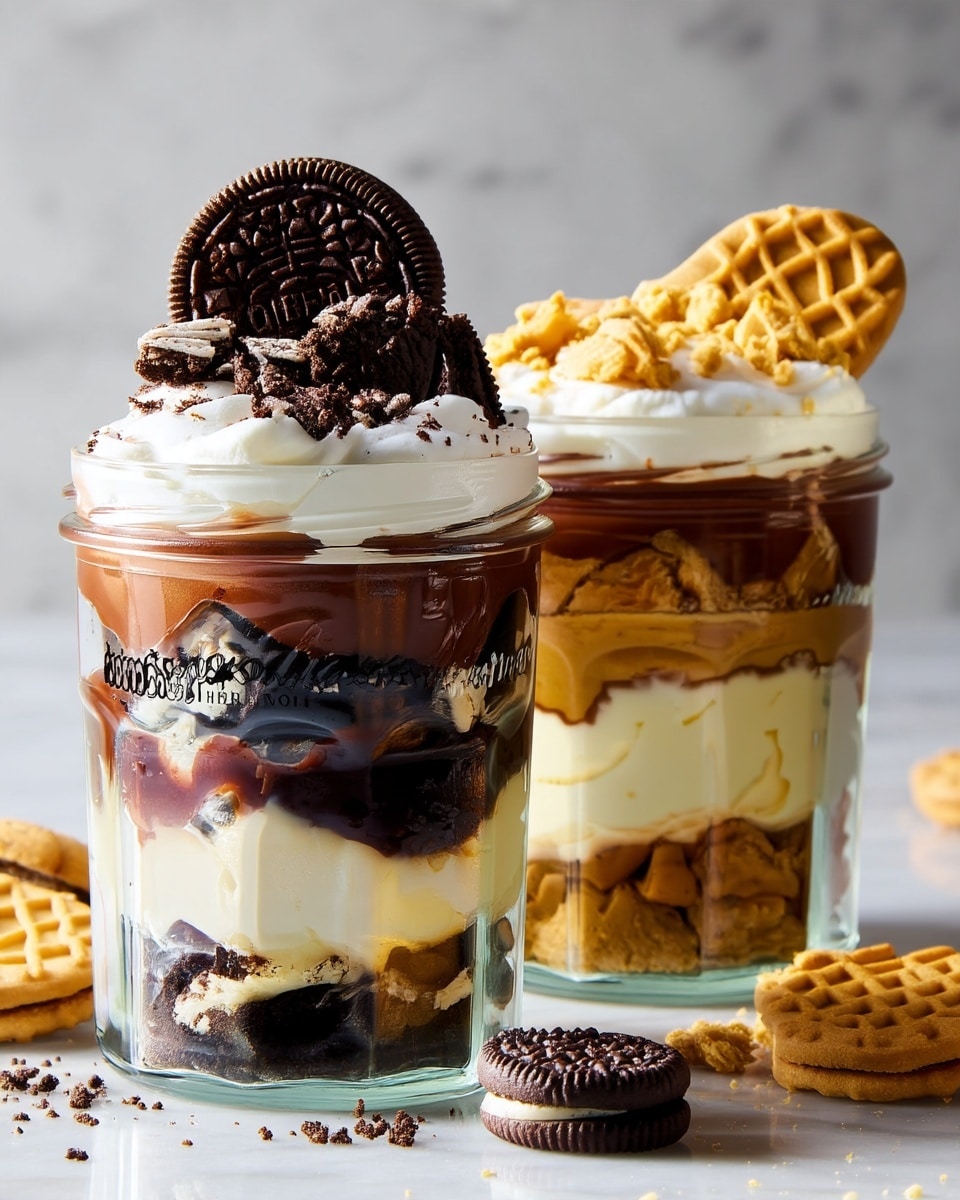 Three glass jars filled with layered desserts sit on a white marbled texture surface. The left jar has four layers: crushed brown cookie at the bottom, white cream above, a thick golden caramel layer, topped with chocolate pudding, and whipped cream sprinkled with crumbled brown cookies and a whole rectangular brown cookie standing in the whipped cream. The center jar shows five visible layers: crushed black and white cookies at the bottom, white cream, thick chocolate pudding, another layer of dark cookie crumbs, topped with whipped cream and decorated with a whole Oreo cookie and more crushed Oreo pieces. The right jar has five layers: crushed golden cookies at the bottom, creamy white layer, thick caramel, dark chocolate pudding, whipped cream, sprinkled with crumbled golden cookies, and a round waffle cookie placed on the whipped cream. Extra Oreo cookies and cookie crumbs are scattered on the surface around the jars. Photo taken with an iphone --ar 4:5 --v 7