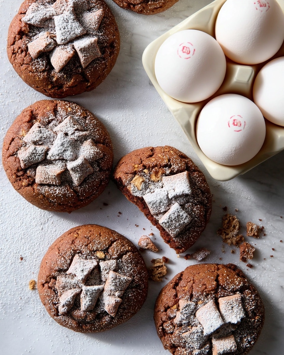 The image shows a group of round chocolate cookies with a rough texture placed on a white marbled surface. Each cookie has a topping of light brown, square-shaped pieces arranged in a cross pattern and dusted with white powdered sugar. One cookie is broken in half, showing a soft, moist inside with crumbs scattered around it. In the top right corner, there is a white egg carton holding six whole white eggs with red stamps on them. photo taken with an iphone --ar 4:5 --v 7