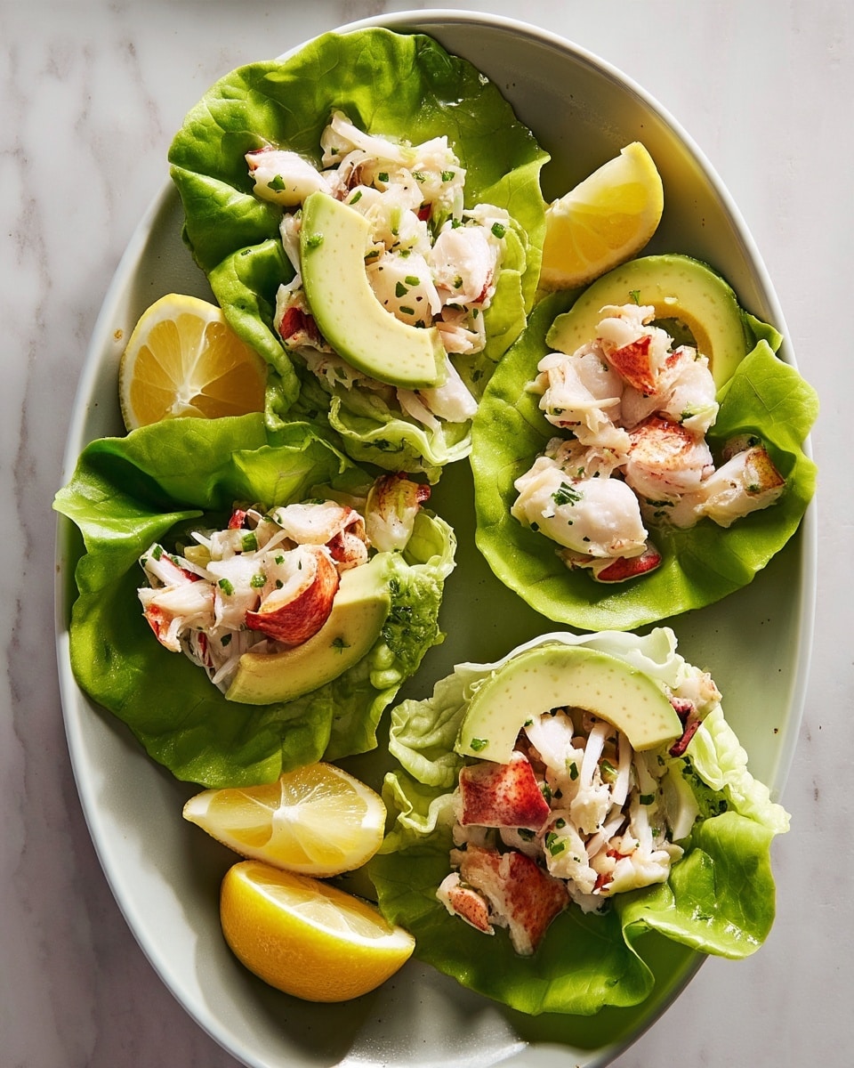 A white oval plate holds several lobster salad lettuce cups, each made of a bright green crisp leaf of lettuce as the base layer. On top of the lettuce is a mix of white lobster meat with small red accents, sprinkled with tiny green chives, creating a chunky and textured middle layer. Each cup is garnished with a smooth, pale green slice of avocado placed on one side. Scattered around the plate are wedges of bright yellow lemon, providing a fresh contrast. The entire scene is set on a white marbled texture surface. photo taken with an iphone --ar 4:5 --v 7