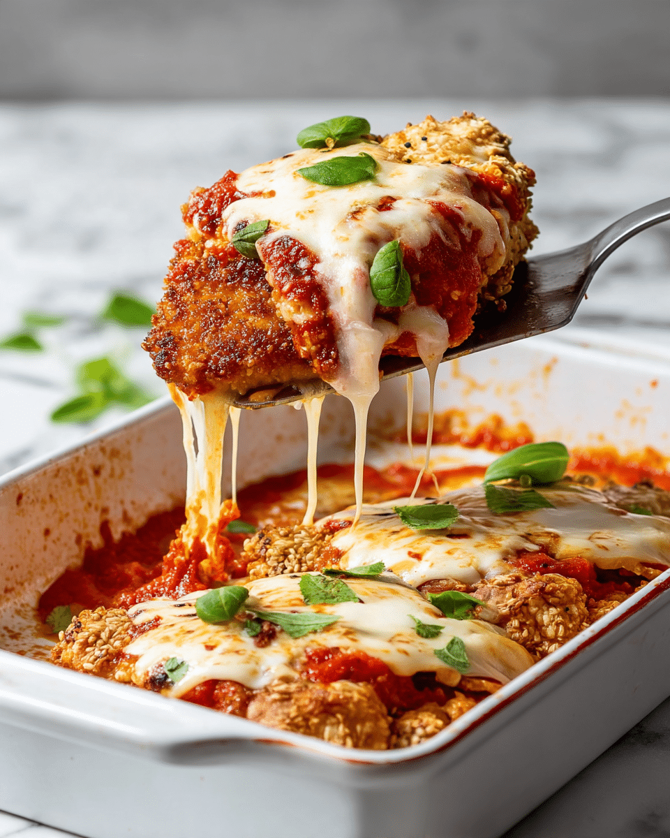 A crispy golden fried chicken piece is lifted by a spatula from a white baking dish, with three visible layers: the crunchy sesame-seed coated chicken at the bottom, a rich red tomato sauce in the middle, and melted white cheese with some light browning on top, garnished with small fresh green basil leaves. The white baking dish has some sauce and cheese remnants inside, and the setting is a white marbled surface. photo taken with an iphone --ar 4:5 --v 7