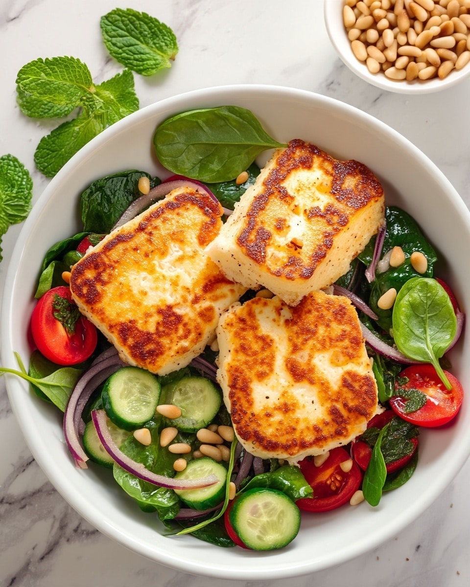 A white bowl is filled with a fresh salad that has multiple layers, starting with dark green spinach and mixed leafy greens at the base. On top are slices of red tomatoes, cucumber rounds with a pale green center, and thin rings of purple onion. The top layer features three large, golden-brown grilled cheese pieces with a slightly crispy texture and a few scattered light beige pine nuts and spinach leaves. To the side, there is a smaller white bowl filled with more pine nuts, and a clear glass jar containing a golden-yellow dressing with a spoon. The whole setup is on a white marbled surface, with a few mint leaves scattered around. Photo taken with an iphone --ar 4:5 --v 7