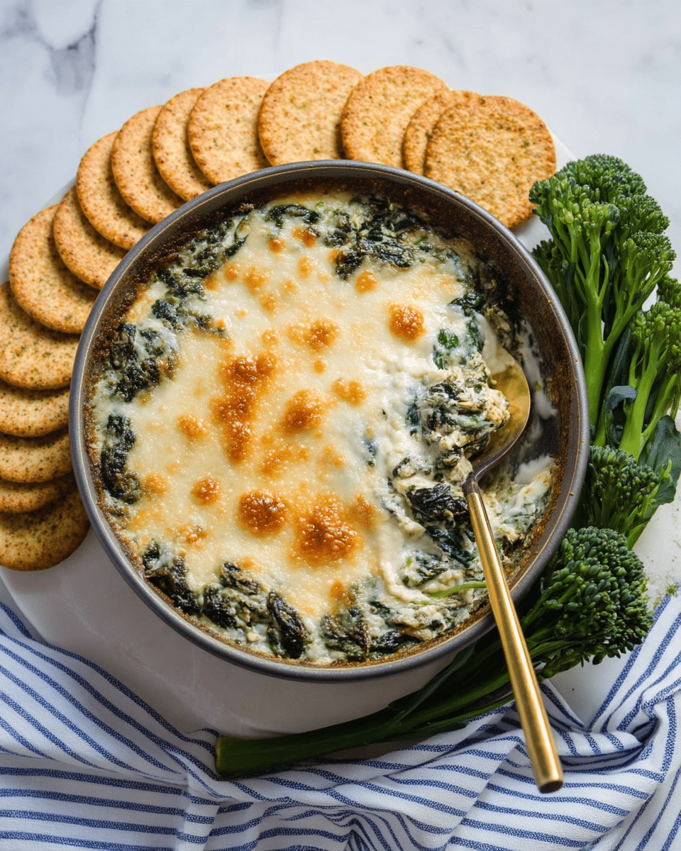 A round shallow pan filled with a creamy layered dip, the base layer is dark green cooked spinach mixed with melted cheese creating a leafy uneven texture, topped with a thick layer of bubbly, melted white cheese scattered unevenly, with some golden browned spots. A golden spoon rests on the right side inside the pan. Below the pan is a circle of light brown round crackers arranged in a fan shape on top of a white cloth with blue thin stripes. To the right side of the pan, there are small bunches of fresh green broccolini. The entire setting is placed on a white marbled texture. photo taken with an iphone --ar 4:5 --v 7