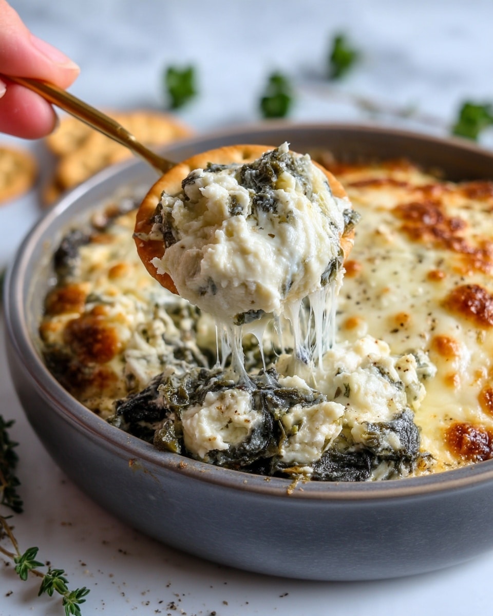 A close-up shows a gray round dish filled with a creamy, bubbly dip that has two main layers: a top layer of melted white cheese mixed with dark green leafy vegetable bits, and a more liquid creamy base beneath, steaming gently. A woman's hand is holding a cracker topped thickly with the same creamy dip, showing gooey layers of white cheese and dark green leaves. A golden spoon is partially buried in the dip inside the dish. The background is a white marbled surface with hints of small green herbs around the dish. Photo taken with an iphone --ar 4:5 --v 7