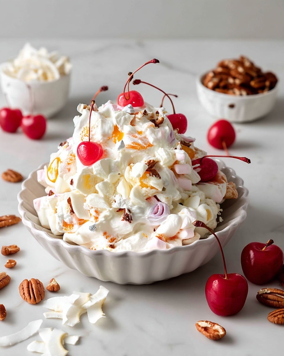 A large mound of creamy white fluff salad sits at the center of a white scalloped shallow bowl, filled with small orange fruit segments, white and light pink marshmallows, and sprinkled with chopped nuts giving rough brown spots. Bright red cherries with stems evenly dot the top and sides, adding a lively pop of color. The bowl rests on a smooth white marbled surface, with small white coconut flakes scattered around and a small white bowl of pecans nearby. Photo taken with an iphone --ar 4:5 --v 7