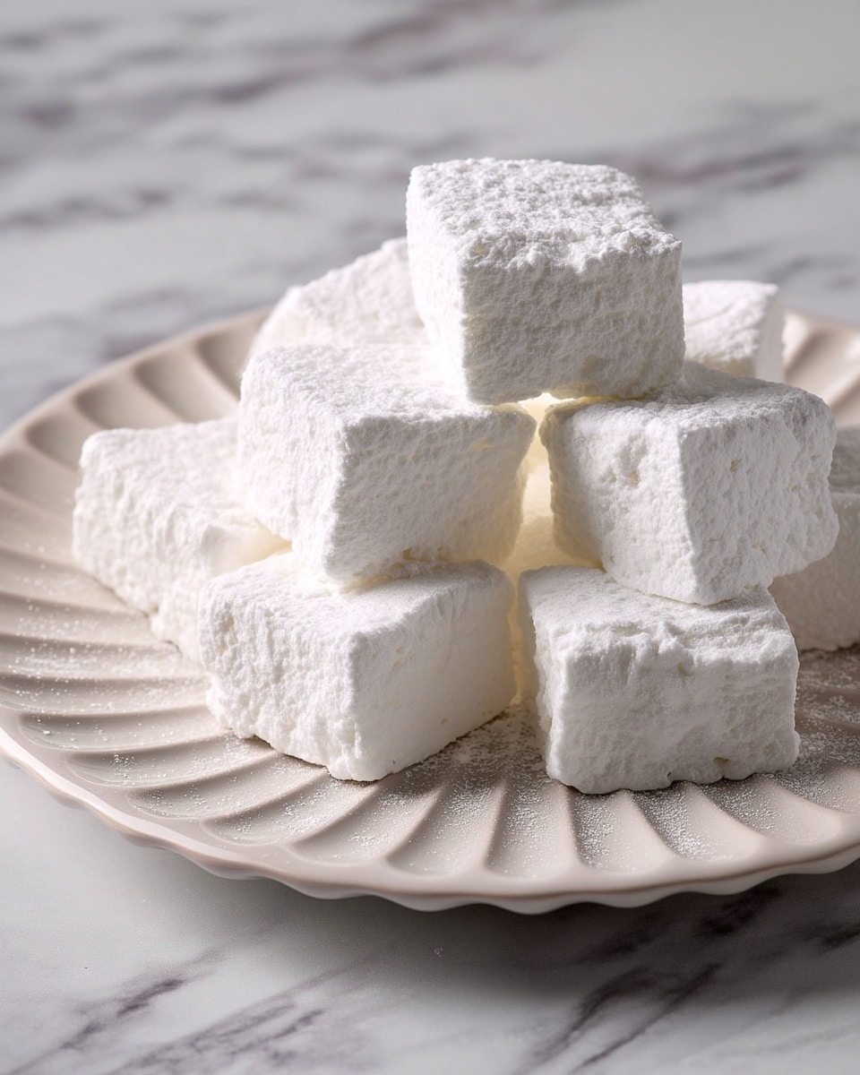 A white ceramic plate holds about ten soft white marshmallows. Each marshmallow is square-shaped with a slightly rough, powdery surface. They are piled loosely in the center of the plate, some touching each other, showing their light and fluffy texture. The plate is placed on a surface with a white marbled texture, adding a clean and simple background. Photo taken with an iphone --ar 4:5 --v 7