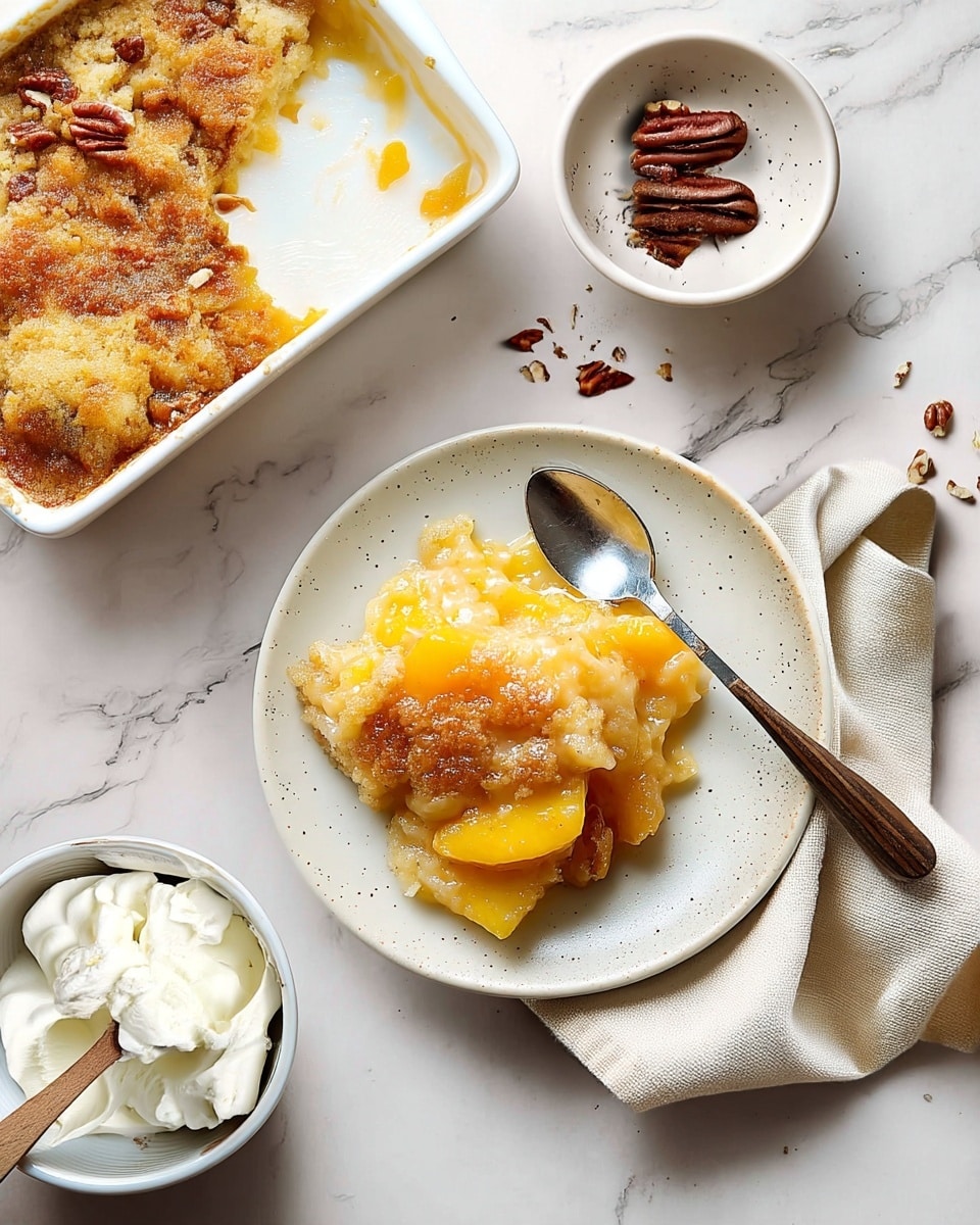 The image shows a white speckled plate with a thick piece of golden peach cobbler in the center. The cobbler has two main layers: the bottom layer is soft, yellow peach filling visible through some cracks, and the top layer is a golden-brown, crumbly crust with a slightly rough texture. To the top left of the plate, part of a white baking dish with more peach cobbler is visible, showing the same golden crust and peach filling inside. In the top right corner, a small white bowl holds three whole pecan halves, and a few broken pecan pieces are scattered on the white marbled surface. In the bottom left corner, a small white bowl filled with whipped cream and a wooden spoon rests next to the plate. A light beige cloth is partially visible tucked under the plate’s right side. photo taken with an iphone --ar 4:5 --v 7