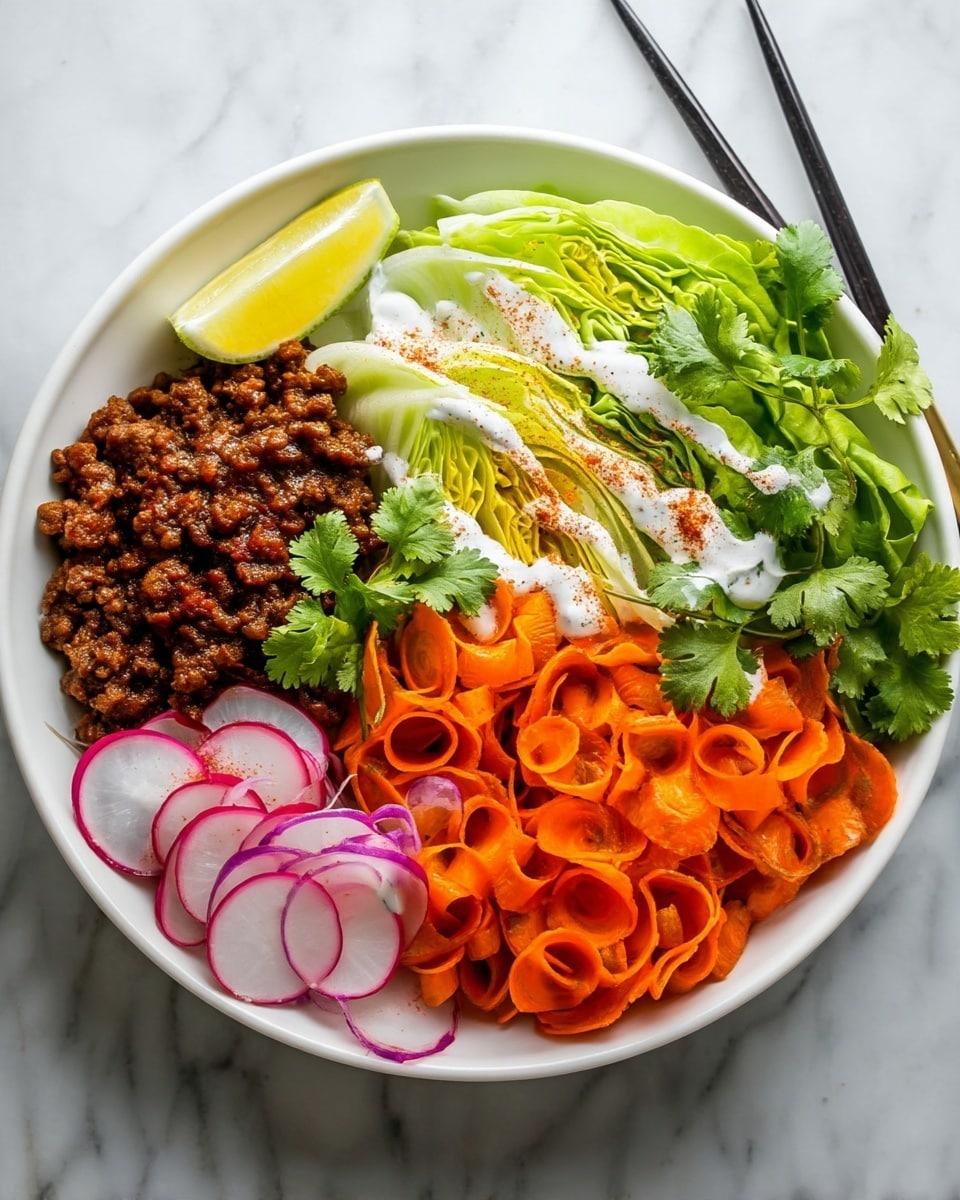 A white bowl filled with several layers of fresh food sits on a white marbled surface. Starting from the left, there is a bunch of green cilantro with its leafy texture, followed by wedges of light green cabbage with a drizzle of creamy white dressing and a hint of red spice. Next to the cabbage are thin rounds of orange carrots topped with more white dressing and red spice. On the right side, there is a pile of dark, crumbly cooked ground meat. Thin slices of light purple-red onion are placed near the bottom center with black chopsticks resting on the bowl edge, and on the far right, there are halved radishes with their green stems. A yellow lemon wedge rests at the top center of the bowl. photo taken with an iphone --ar 4:5 --v 7