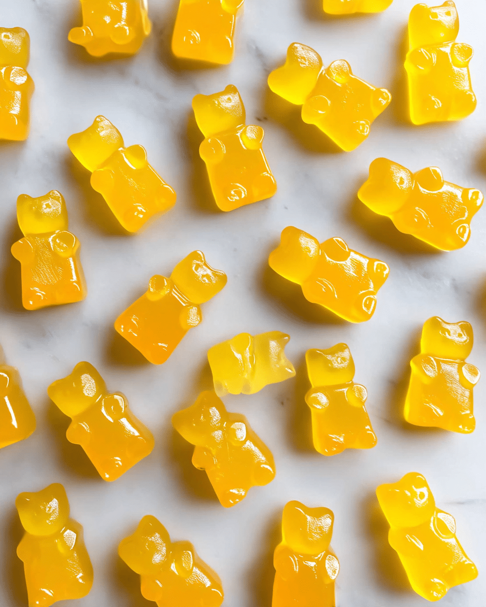 A clear glass bowl filled to the top with small, bright orange gummy bears that have a glossy, slightly translucent texture, showing their detailed bear shapes clearly. Around the bowl on a white marbled surface, several gummy bears are scattered randomly, adding depth to the scene. The light reflects softly on the gummy bears, highlighting their smooth and shiny surfaces. photo taken with an iphone --ar 4:5 --v 7