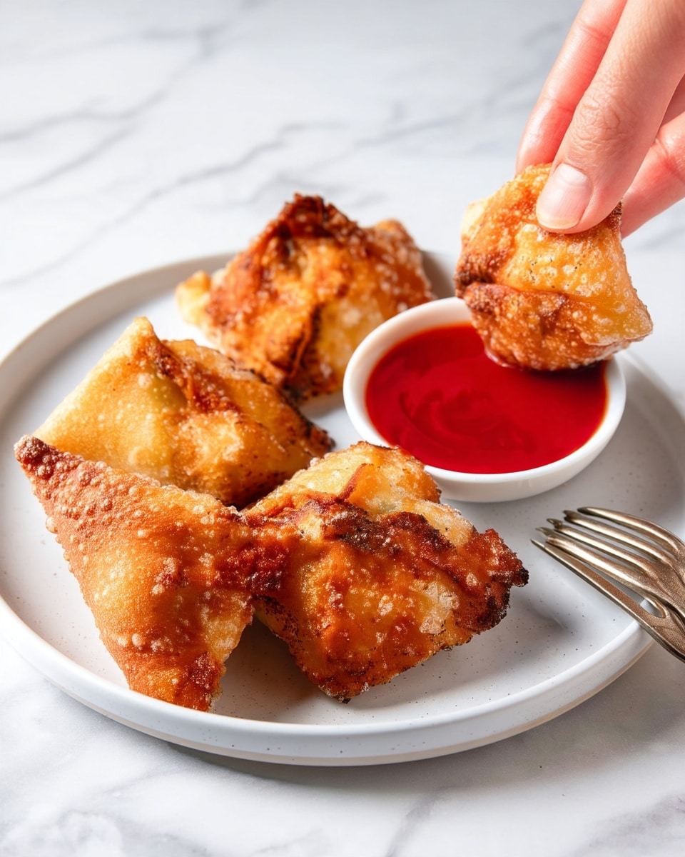 A white plate holds four golden brown fried dumplings with a crispy, bubbly outer layer, arranged around a small white bowl filled with smooth, bright red dipping sauce; a woman's hand is in the top right corner dipping one dumpling into the sauce, and a silver fork is placed on the plate's edge, all set on a white marbled surface. photo taken with an iphone --ar 4:5 --v 7
