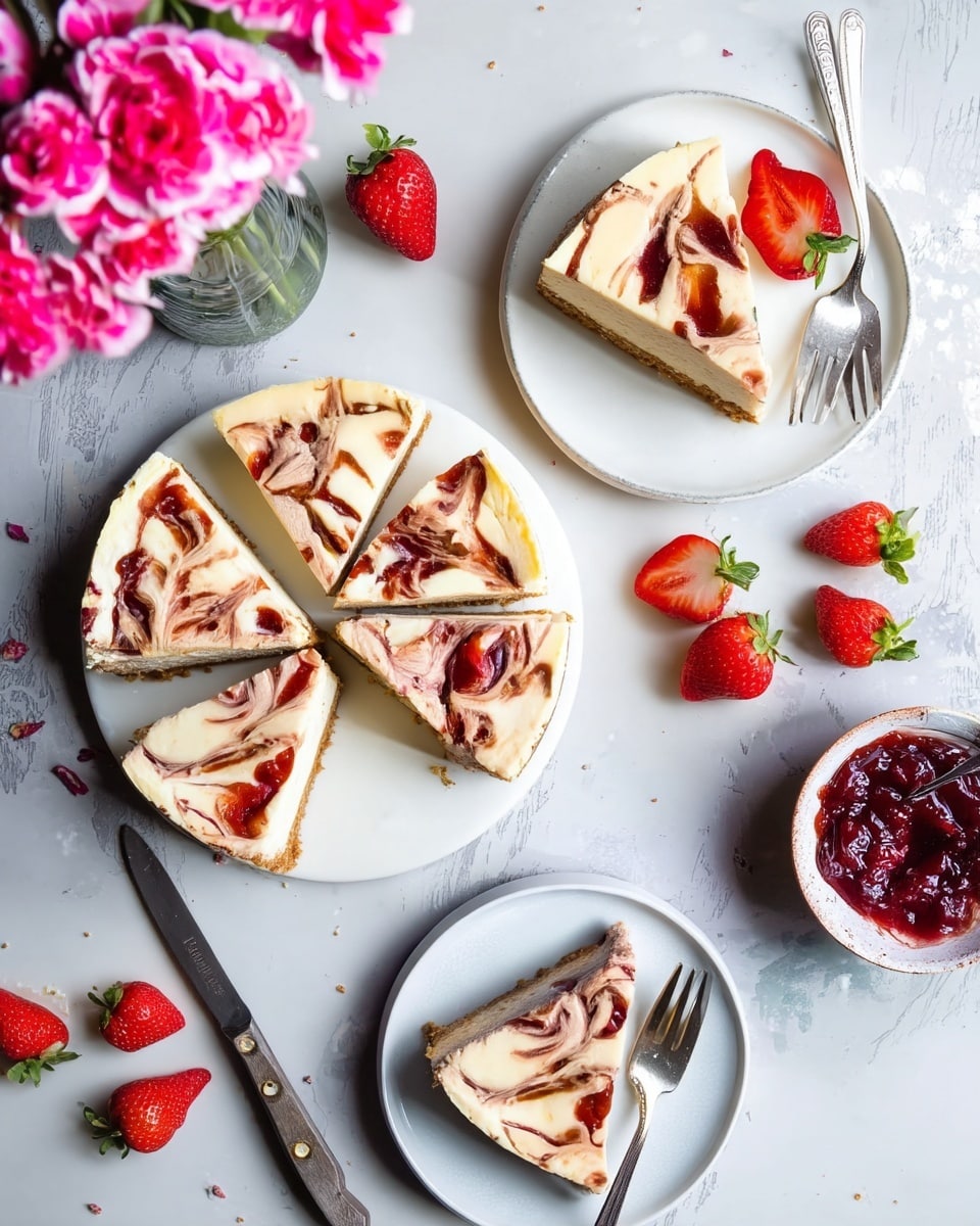 A round cheesecake cut into six slices sits on a white marbled surface, each slice showing a creamy white layer mixed with swirled red and brown fruit sauces on top, and a crumbly light brown base layer. One slice is placed on a white plate with two halved strawberries and a silver fork at the top right. Another slice is on a white plate with the same strawberries and fork nearby at the bottom. To the left, a glass vase holds bright pink flowers with white edges. On the right side, there is a small bowl filled with a thick red fruit jam with a spoon inside. Nearby, a knife with a wooden handle rests on the surface. The overall look is bright, fresh, and inviting. Photo taken with an iphone --ar 4:5 --v 7