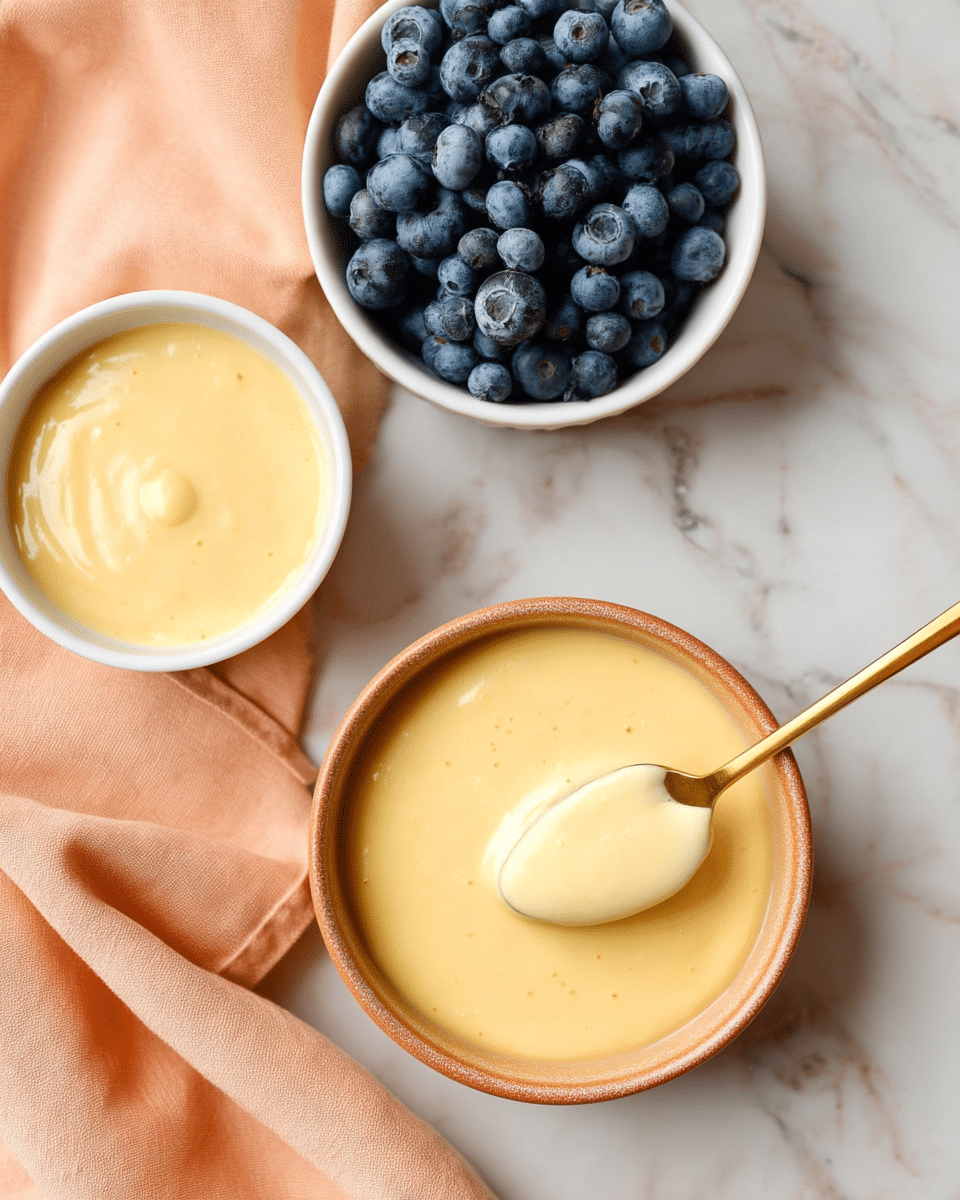 A creamy, pale yellow custard is shown in two bowls on a white marbled surface. The main bowl is light brown with a smooth texture and almost full of thick custard. A gold spoon rests inside this bowl, lifting a spoonful of the custard, showing its smooth, slightly glossy surface. Next to it, a smaller white bowl holds more of the same creamy custard. Off to the side, there is a small white dish filled with fresh blueberries, adding a pop of deep blue color. A soft peach cloth is placed at the edge of the scene, complementing the warm colors of the bowls. Photo taken with an iphone --ar 4:5 --v 7