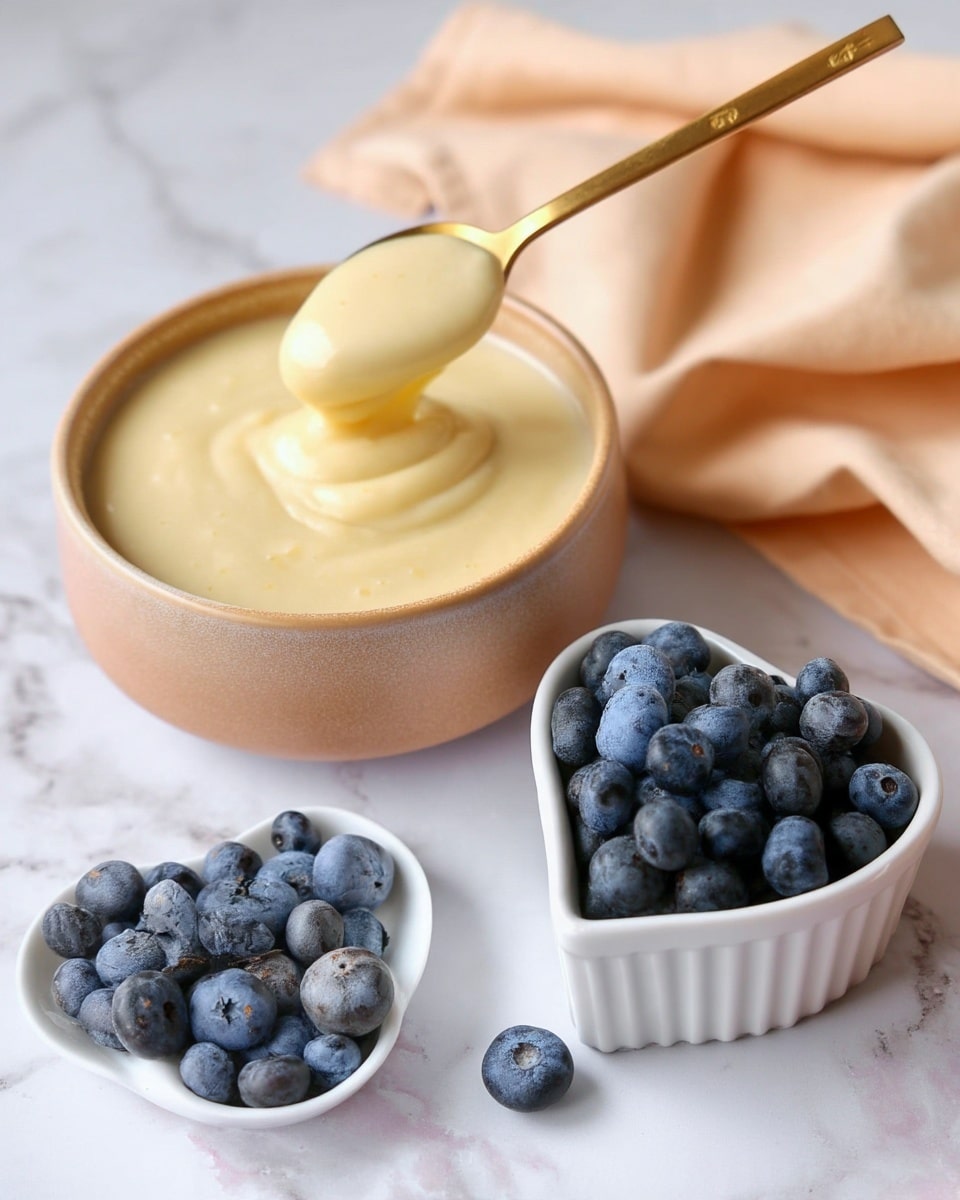 A smooth, creamy light beige custard fills a round, light brown ceramic bowl with a matte finish. A gold spoon is scooping some custard from the bowl, showing its thick and silky texture. Next to it is a small white ceramic ramekin also filled with the same custard, smooth on top. Nearby, a small white heart-shaped dish holds fresh, plump blueberries with deep blue and purple hues. The scene is set on a white marbled surface, and a soft peach-colored cloth is placed casually to the side. Photo taken with an iphone --ar 4:5 --v 7