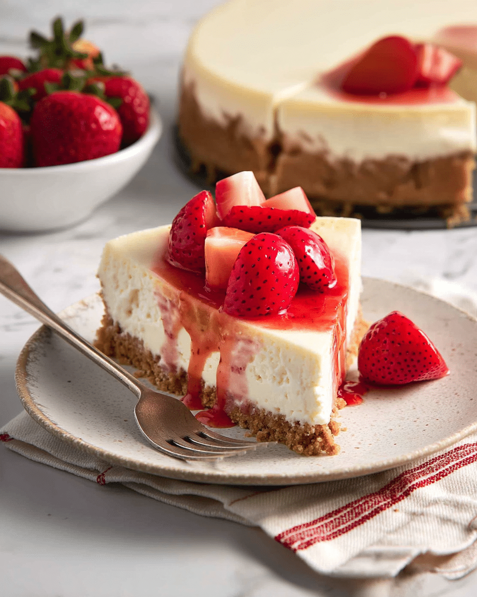 A single slice of cheesecake sits on a white speckled plate, showing two distinct layers: a thick, crumbly light brown crust at the bottom and a smooth, creamy off-white cheese layer above. The cheesecake is topped with glossy red strawberry halves and quarters, with a shiny strawberry sauce dripping down the sides, pooling slightly on the plate. A silver fork lies beside the slice on the plate, which rests on a beige cloth with a red stripe. In the background, a white cheesecake with a slice cut out and a small white bowl full of whole strawberries are visible, all set against a white marbled surface. Photo taken with an iphone --ar 4:5 --v 7