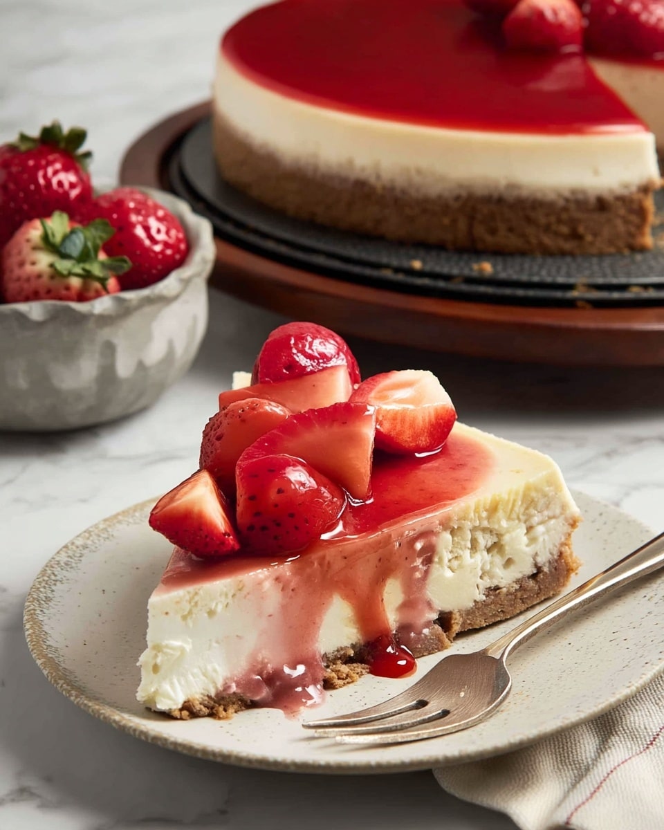 A slice of cheesecake is placed on a white plate with speckled texture, showing three layers: a crumbly brown base, a thick creamy white middle layer, and a shiny red strawberry sauce topping with whole and sliced fresh strawberries arranged on top. The sauce drips slightly down the side of the cheesecake. In the background, a larger cheesecake with the same layers and strawberry topping is on a dark round tray, partially visible, and a textured bowl filled with more red strawberry sauce and a spoon sits next to it on a white marbled surface. A fork lies on the plate next to the cheesecake slice. photo taken with an iphone --ar 4:5 --v 7