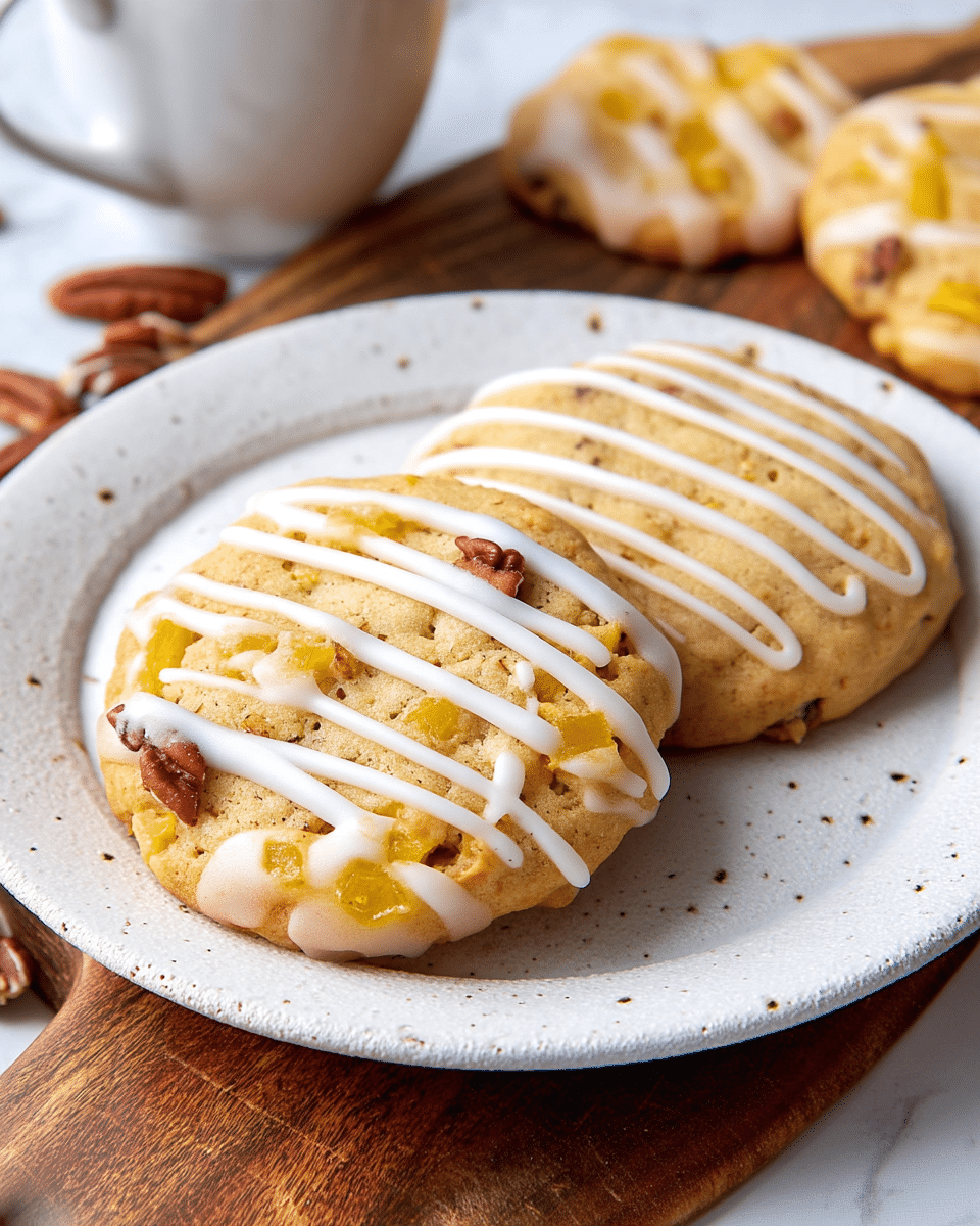 Two round cookies sit on a white speckled ceramic plate, each cookie showing a golden brown color with visible pieces of yellow fruit and small pecan nuts embedded in the dough. Both cookies are decorated with thin, white icing drizzled in parallel lines across the top. The plate rests on a wooden surface with parts of other cookies visible in the background, all set against a white marbled texture. photo taken with an iphone --ar 4:5 --v 7