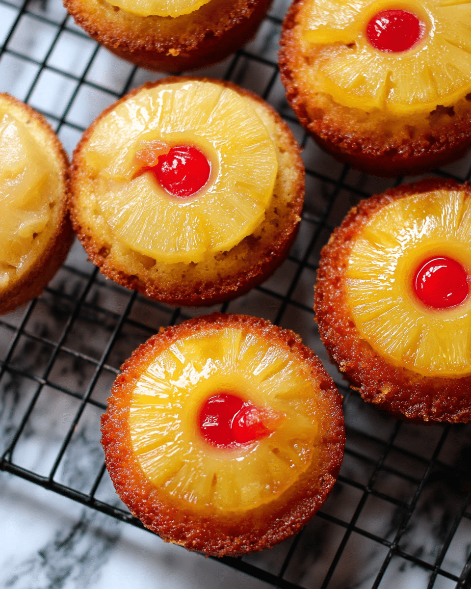 The image shows six small pineapple upside-down cakes placed closely together on a black cooling rack. Each cake has two visible layers: a golden brown base layer that looks soft and moist, topped with a shiny, pale yellow pineapple ring that has a slightly translucent texture. In the center of each pineapple ring is a bright red maraschino cherry, adding a pop of color. The cakes have a glossy finish, likely from a sweet glaze, and the edges of the cakes are slightly crisp and browned. The background is a white marbled texture. photo taken with an iphone --ar 4:5 --v 7
