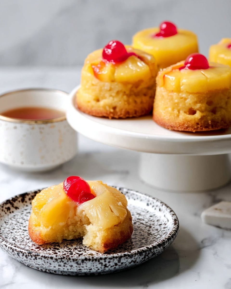 The image shows several small pineapple upside-down cakes, each with one slice of yellow pineapple topped with a bright red maraschino cherry in the center. The cakes have a golden brown base with a soft, moist texture beneath the glossy pineapple topping. They are placed closely together on a white round serving stand. In the foreground, one cake sits on a white ceramic plate with dark speckles, with a piece broken off to show the fluffy inside texture. The background has a white marbled surface with a cup partially visible on the side. photo taken with an iphone --ar 4:5 --v 7