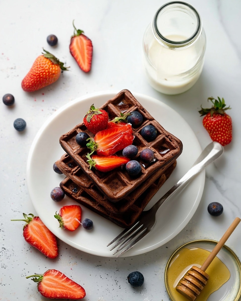 A white plate holds four stacked chocolate waffles with a rich dark brown color and crisp texture. The top waffle is decorated with bright red halved strawberries and small, round deep blue blueberries scattered around. A few extra strawberries and blueberries are placed around the plate. A black fork rests partly on the plate, pointing toward the bottom left. In the background, there is a glass bottle of milk and a white dish with honey and a honey dipper, all on a white marbled surface. Photo taken with an iphone --ar 4:5 --v 7