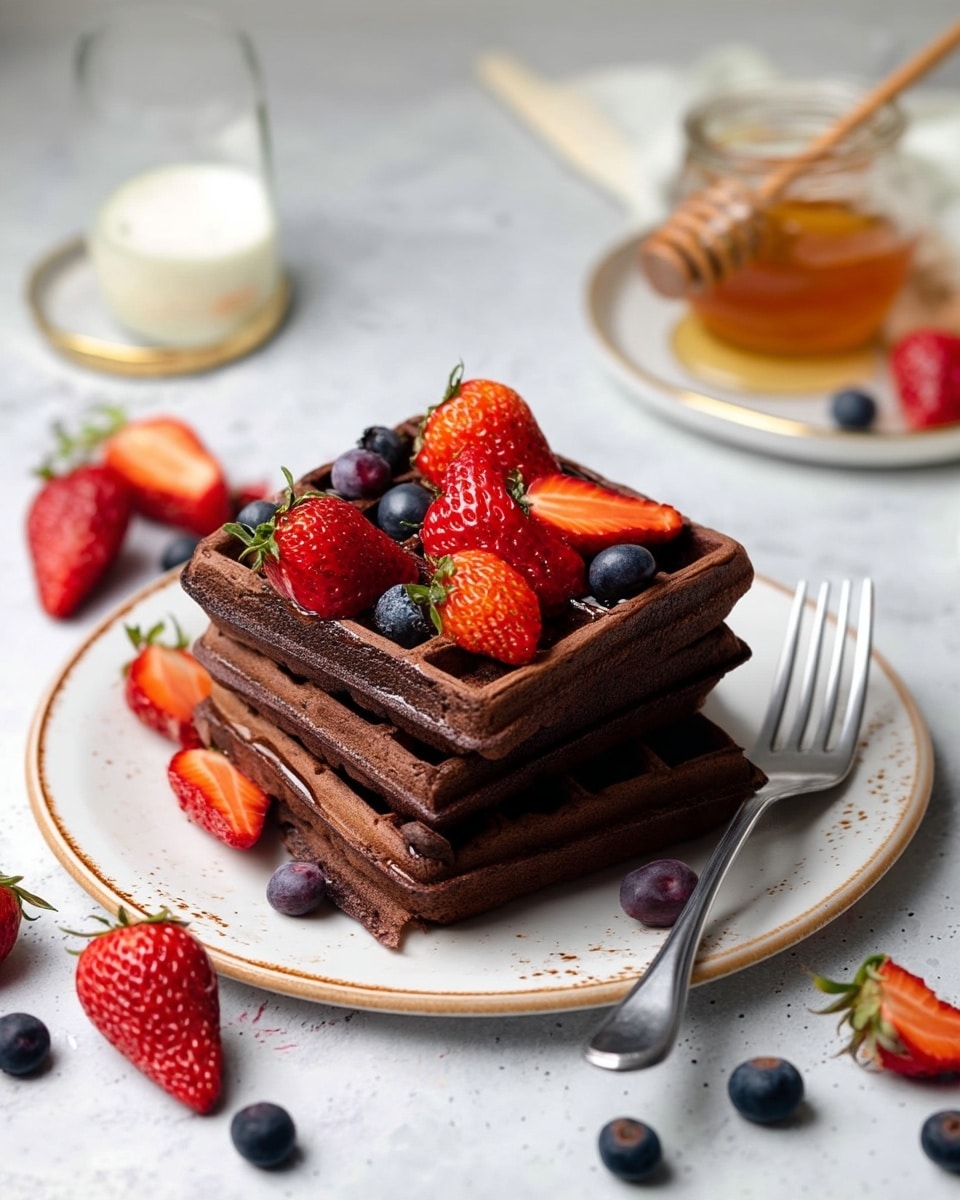 Three thick chocolate waffles are stacked on a white plate with a thin brown rim, arranged unevenly with one on top. The waffles have a rich dark brown color and a textured grid pattern. On the top waffle, there are fresh red strawberries cut in half and whole blueberries scattered around, adding bright red and deep blue colors to the scene. A silver fork and knife rest diagonally across the waffle stack. Around the plate, there are some extra blueberries and strawberry halves on a white marbled surface. In the background, a glass of milk and a small white dish with a honey dipper sit blurred, adding context to the breakfast setting. photo taken with an iphone --ar 4:5 --v 7