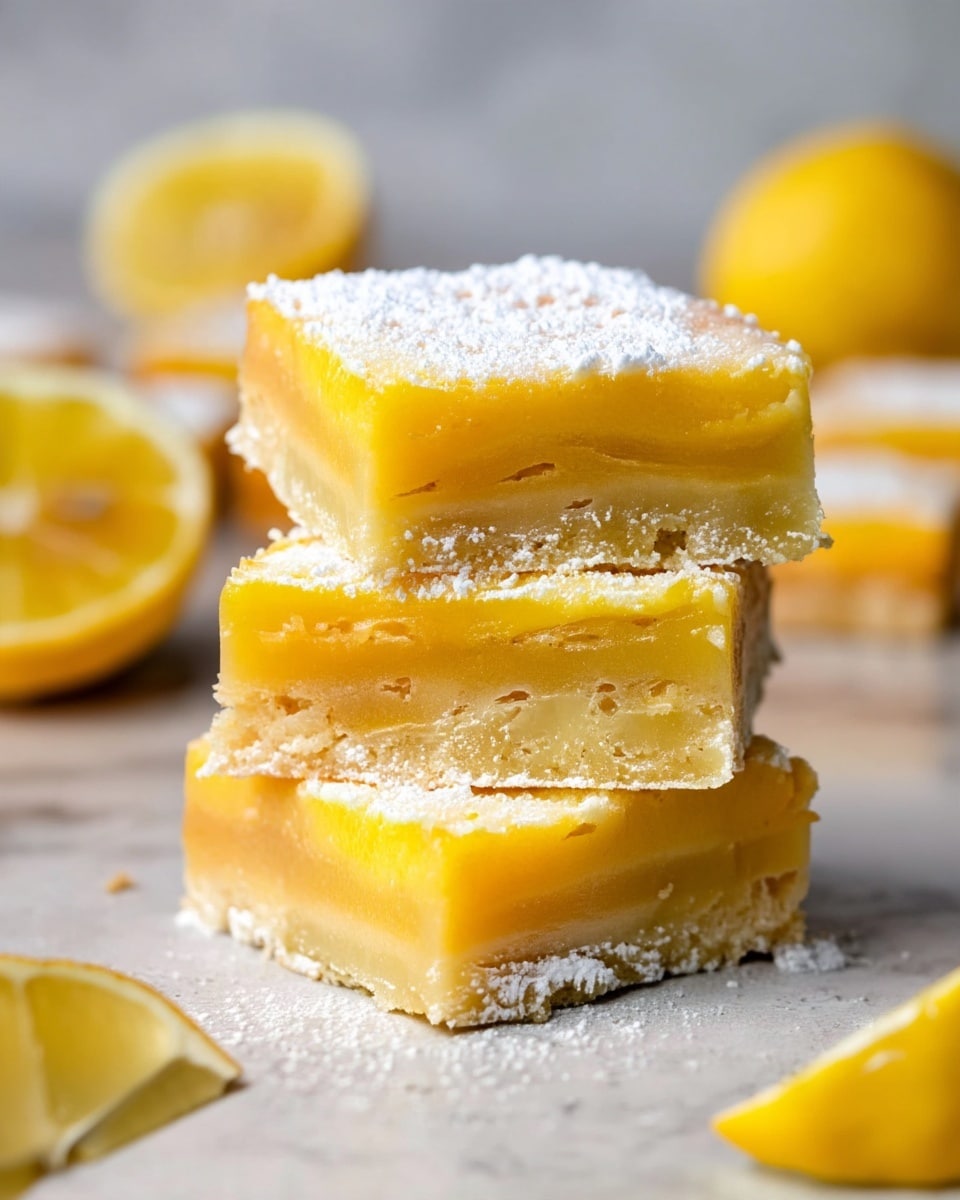 The image shows a stack of three square lemon bars with two distinct layers: a bottom thick crust layer in light beige with a crumbly texture, and a top bright yellow lemon curd layer that is smooth and glossy. Each bar is dusted with fine white powdered sugar on top. The stacked bars are placed on a white marbled surface, surrounded by three more lemon bars lying flat and some lemon wedges with bright yellow skin visible. The overall look is fresh and clean with soft natural lighting. photo taken with an iphone --ar 4:5 --v 7