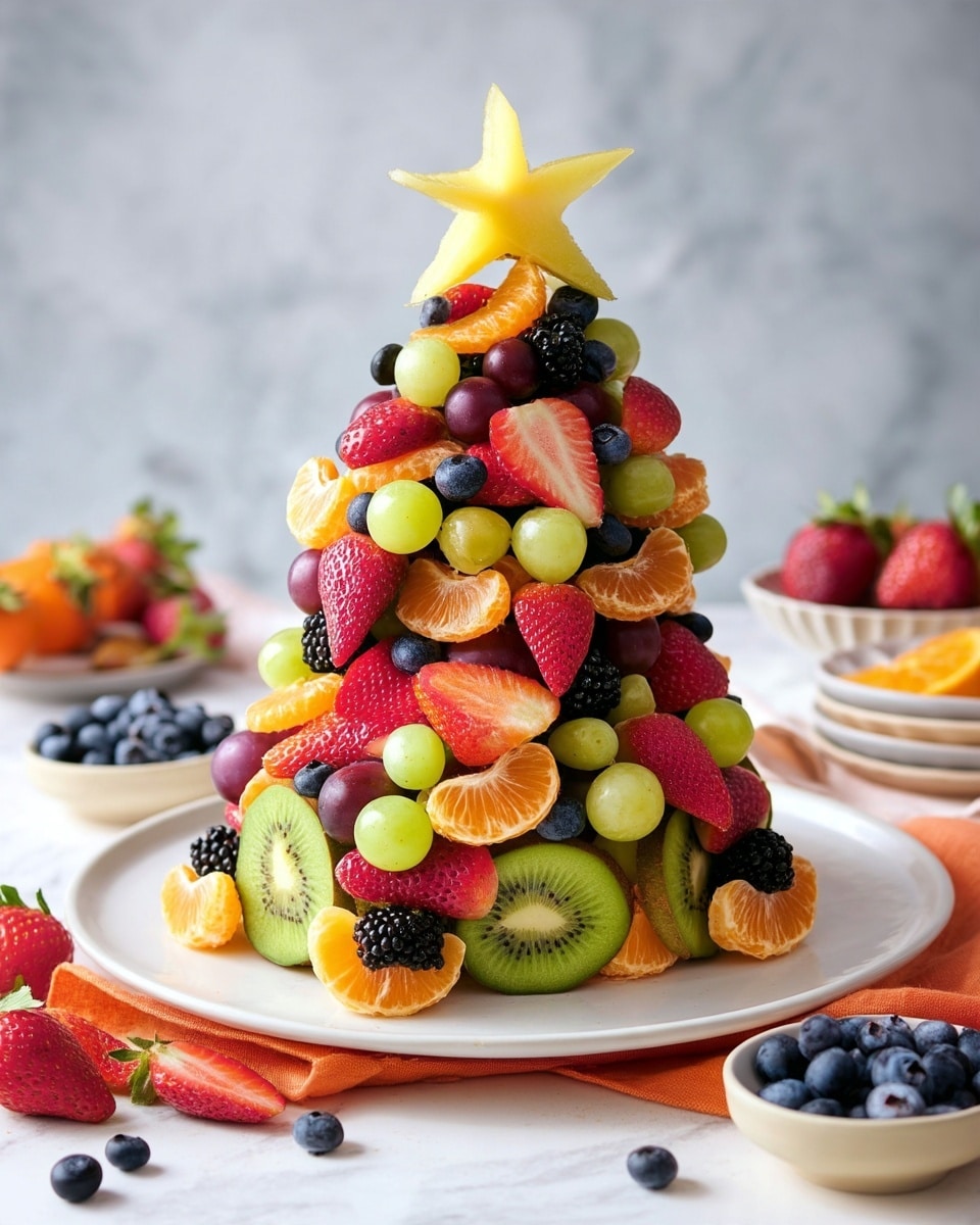 The image shows a tall cone-shaped tower made up of several layers of fresh fruits on a white plate; the base layer has large green kiwi slices and small orange tangerine segments with dark blackberries, red strawberries, and grapes of both green and purple colors evenly spread throughout the layers. Midway, there are plump blueberries and more grapes, with strawberries sliced in half to show their bright red interiors. The top layer features a mix of fruits culminating in a five-point yellow star-shaped slice placed at the peak. The whole arrangement is bright and colorful, set against a white marbled texture surface. Photo taken with an iphone --ar 4:5 --v 7