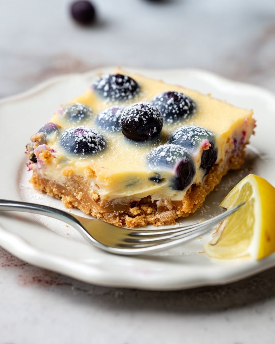 A close-up of a square lemon blueberry dessert bar on a white decorative plate, showing three layers: a crumbly brown cookie crust at the bottom, a creamy pale yellow lemon filling with whole blueberries embedded in it, and a light dusting of powdered sugar on top. A small wedge of lemon sits on the plate's edge, and in the foreground, a silver fork holds a bite-sized piece of the dessert. The background is a white marbled texture. photo taken with an iphone --ar 4:5 --v 7