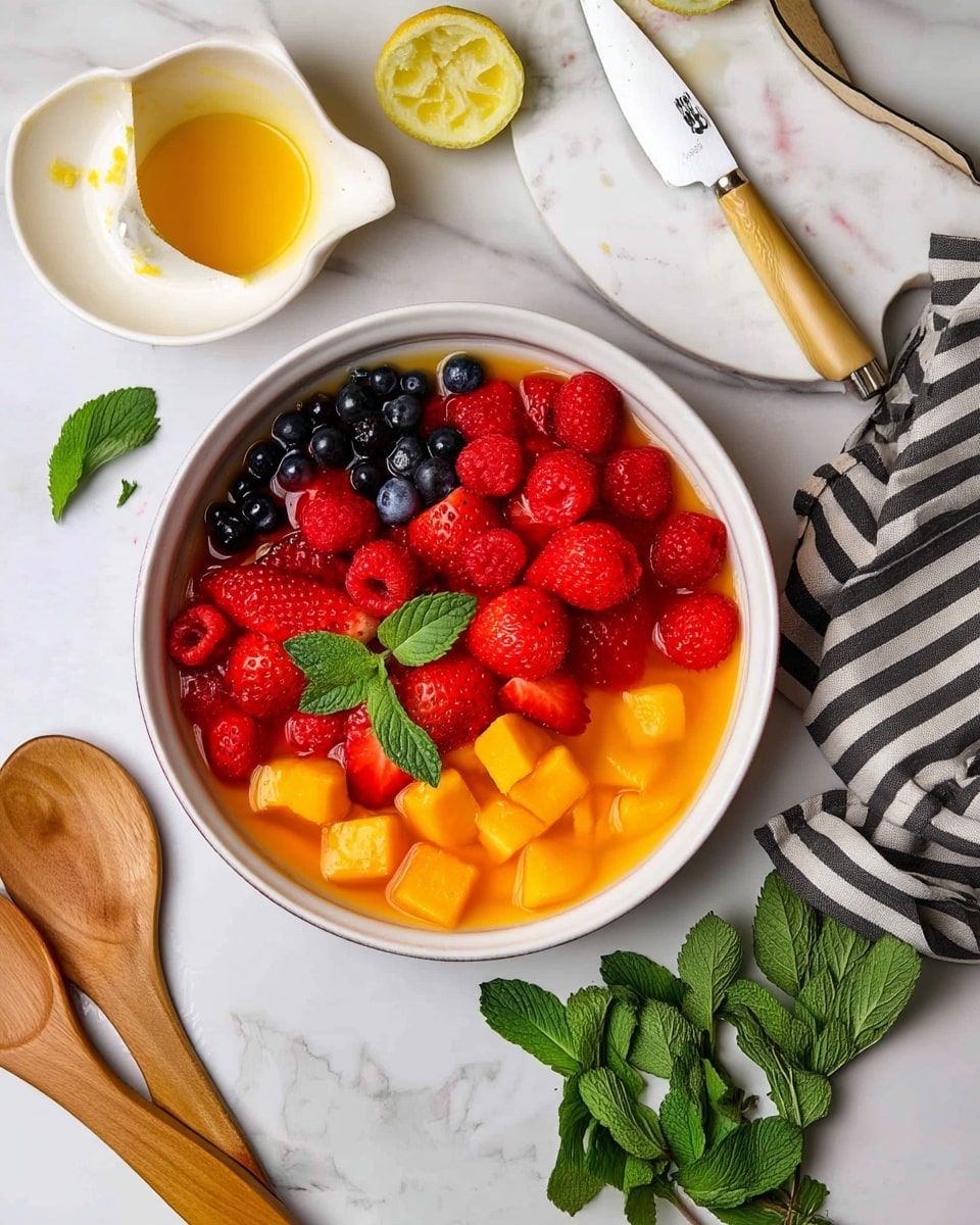 A white bowl filled with a colorful fruit salad showing three main layers: the base layer is orange chunks of papaya and mango, the middle layer is red raspberries and strawberries cut in halves, and the top layer contains dark blue blueberries and small green mint leaves scattered on top, all sitting in a light juice that fills the bowl almost to the brim. The bowl is positioned on a white marbled texture surface, surrounded by a wooden spoon on the left, a bunch of fresh mint leaves at the bottom, a striped cloth on the right, and a white plate at the top left with a lemon juicer and squeezed lemon halves beside a knife with a light wooden handle on a white marbled cutting board. photo taken with an iphone --ar 4:5 --v 7