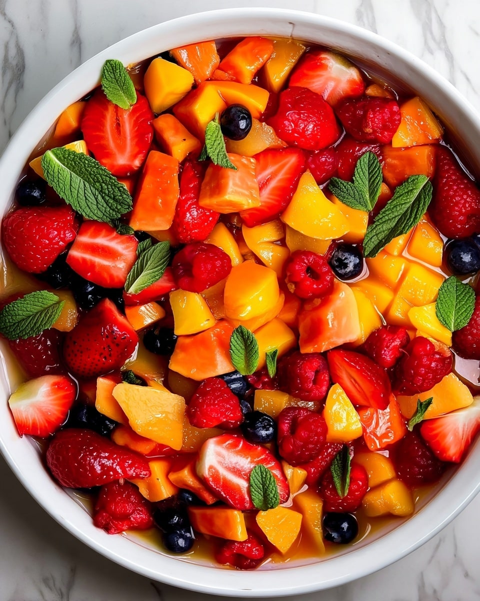 A close-up of a bowl filled with colorful fruit salad showing three main layers: the bottom layer is made of soft yellow and orange chunks of cantaloupe and peaches, the middle layer has bright red strawberries halved and whole raspberries, some dark blue blueberries scattered throughout, and the top layer is dotted with fresh green mint leaves for contrast. The fruit pieces show shiny, juicy textures with some syrup coating, all inside a white bowl with a thin reddish rim. The background is a white marbled texture. photo taken with an iphone --ar 4:5 --v 7
