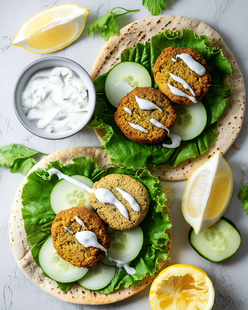 The image shows two flat white pita bread rounds on a white marbled surface, each topped with three falafel patties that are golden-brown and slightly crispy. Each pita has a large layer of fresh, bright green leaf lettuce beneath thin, round slices of cucumber which are pale green with darker green edges. A drizzle of white sauce is visible on the falafel. Around the pitas, there are lemon wedges and a small white bowl filled with creamy white sauce. The top pita is partially folded, revealing the layers inside. Photo taken with an iphone --ar 4:5 --v 7