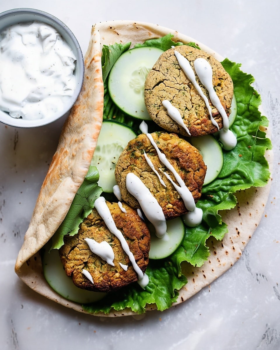 The image shows a pita wrap with three layers of falafel patties on the bottom right side, lightly golden brown and textured with small cracks; they are topped with a drizzle of white creamy sauce. Underneath the falafel, there are four pale green cucumber slices with smooth skin and seeds visible in the center. Beneath the cucumbers are fresh, dark green, ruffled lettuce leaves that add volume and color. The wrap itself is a soft, light beige pita folded over the layers, with a slightly toasted look and small darker spots. On the left side of the image, a white bowl holds a white creamy sauce with a thick texture. The entire scene is set on a white marbled surface. photo taken with an iphone --ar 4:5 --v 7