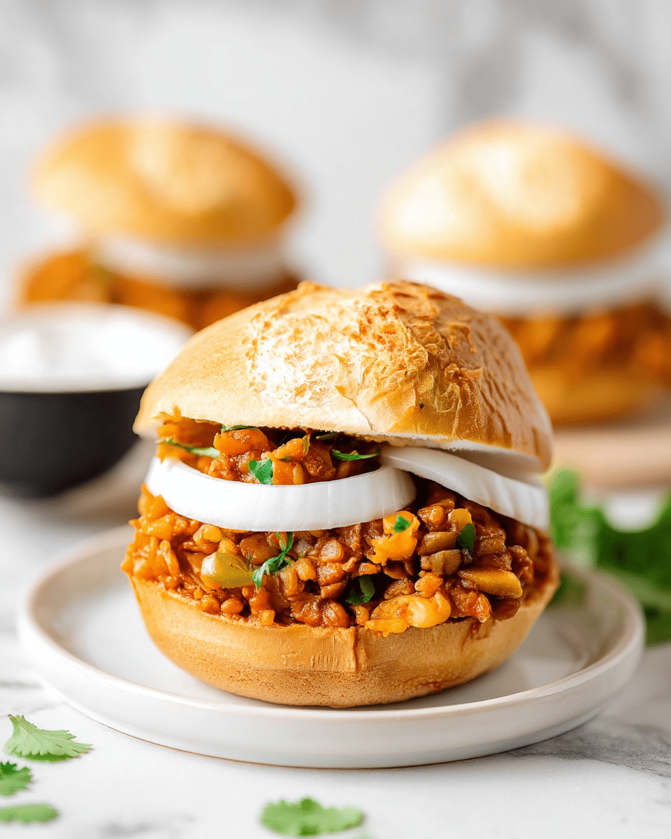A close-up of a sloppy joe sandwich with three layers: the top and bottom layers are a soft, textured light brown bun with a slightly crispy surface; the middle layer is a chunky, orange-brown mixture of cooked cauliflower and lentils with green herb bits mixed in, and a thick white slice of onion placed horizontally on top of the filling. The sandwich is placed on a white plate with a white marbled textured surface beneath it. In the background, there is a blurred second sloppy joe sandwich and a small white and black bowl. The overall look is fresh and hearty. Photo taken with an iphone --ar 4:5 --v 7