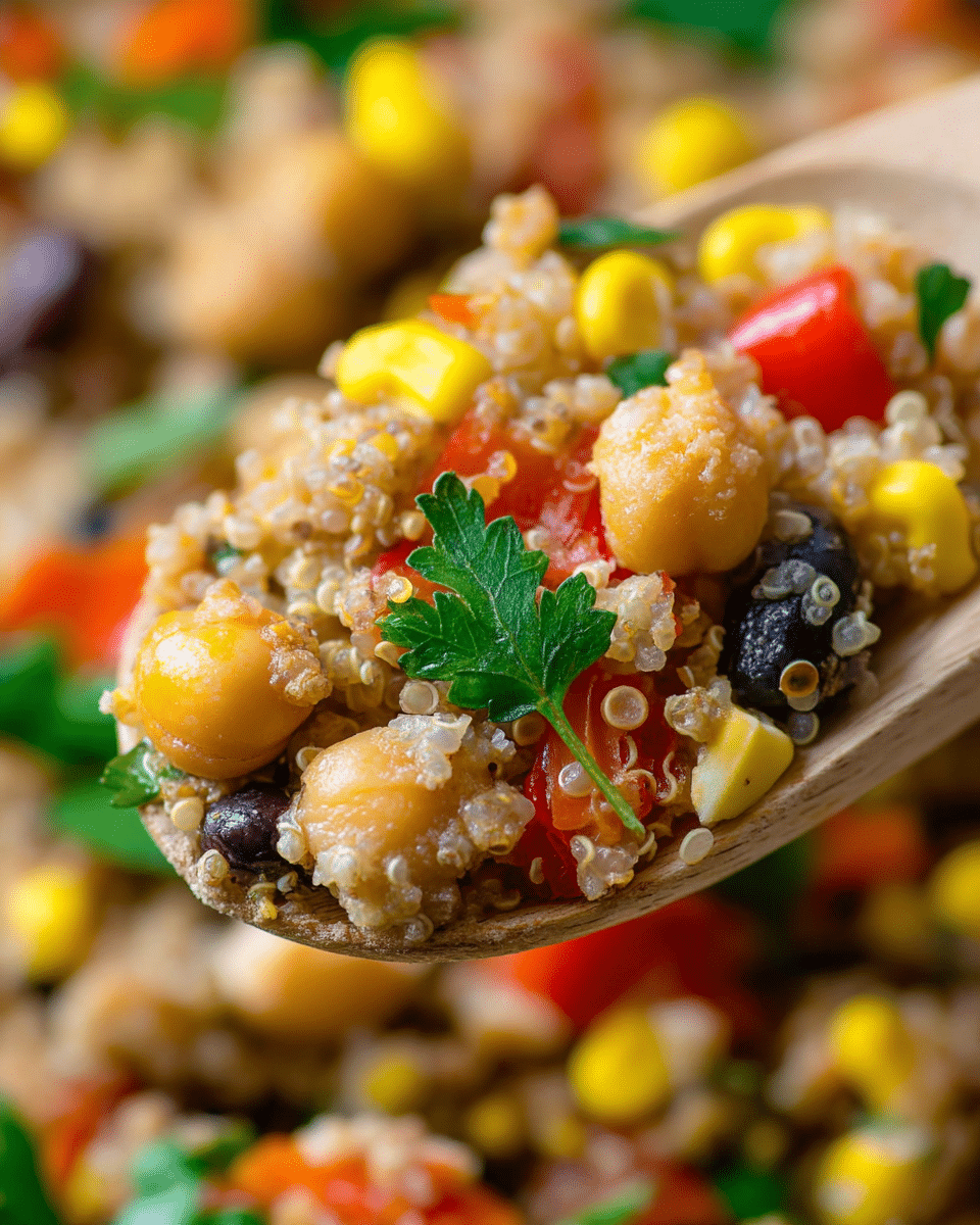 A close-up of a wooden spoon holding a colorful quinoa salad, showing a mix of light beige quinoa grains, bright yellow corn kernels, red bell pepper pieces, black beans, light brown chickpeas, and fresh green parsley leaves scattered throughout. The background consists of more quinoa salad with the same ingredients, giving a textured look with small clusters of grains and vegetables. The colors are natural and vibrant, creating a fresh and healthy appearance. The photo taken with an iphone --ar 4:5 --v 7