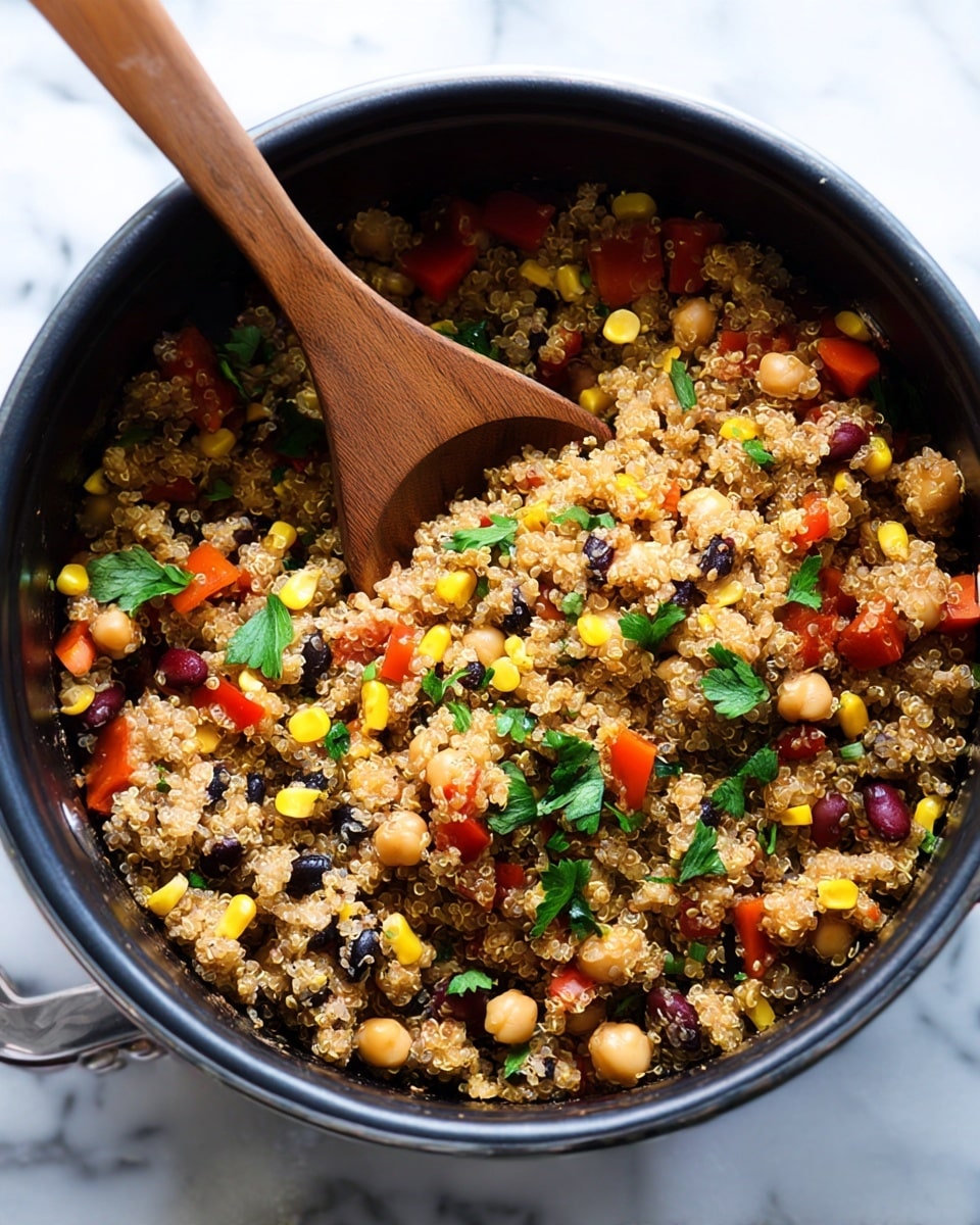 A close-up top view of a black cooking pot filled with a colorful quinoa salad. The salad has a textured mix featuring light brown quinoa grains as the base layer, scattered with bright yellow corn kernels, white chickpeas, black beans, and chopped red bell pepper chunks. Fresh green herbs are sprinkled evenly across the dish, adding vibrant contrast. A wooden spoon is partially submerged in the quinoa mixture, angled from the top left corner towards the center as if ready to stir. The pot sits on a white marbled surface. photo taken with an iphone --ar 4:5 --v 7