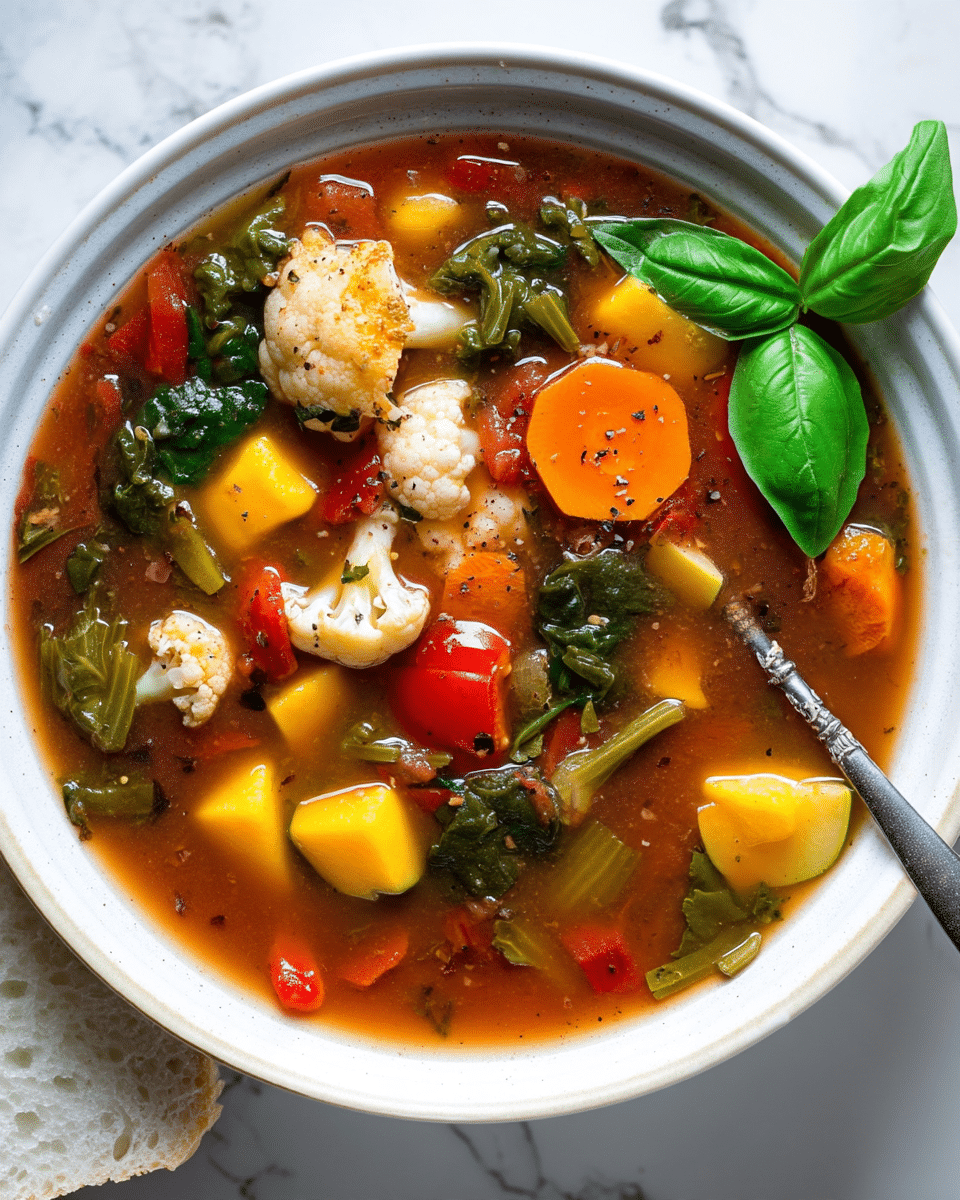 The image shows a bowl of vegetable soup with a rich brown broth base, filled with several visible layers of colorful vegetables, including bright orange carrot slices near the top, leafy green spinach or kale, white cauliflower florets, red tomato chunks, and yellow potato pieces scattered throughout. A fresh green basil leaf sits on the surface near the right side. A silver spoon rests partially inside the white bowl, which is placed on a white marbled surface with a piece of white bread at the edge. The soup has a mix of soft and chunky textures with floating herbs and vegetables. Photo taken with an iphone --ar 4:5 --v 7