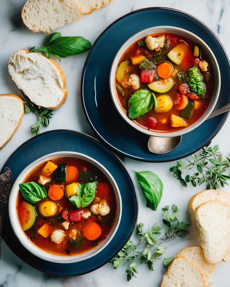 Two white bowls filled with chunky vegetable soup sit on top of dark blue plates. The soup layers show a clear reddish broth base with various colorful vegetables: round orange carrot slices, light green zucchini slices, bright yellow squash chunks, small white cauliflower florets, leafy green spinach or kale, and pieces of red tomato. Each bowl is topped with a fresh green basil leaf. Around the bowls, there are several slices of white bread, some leaning on the plates and some scattered nearby. The scene is set on a white marbled surface with some green herb sprigs and vintage silver spoons. photo taken with an iphone --ar 4:5 --v 7