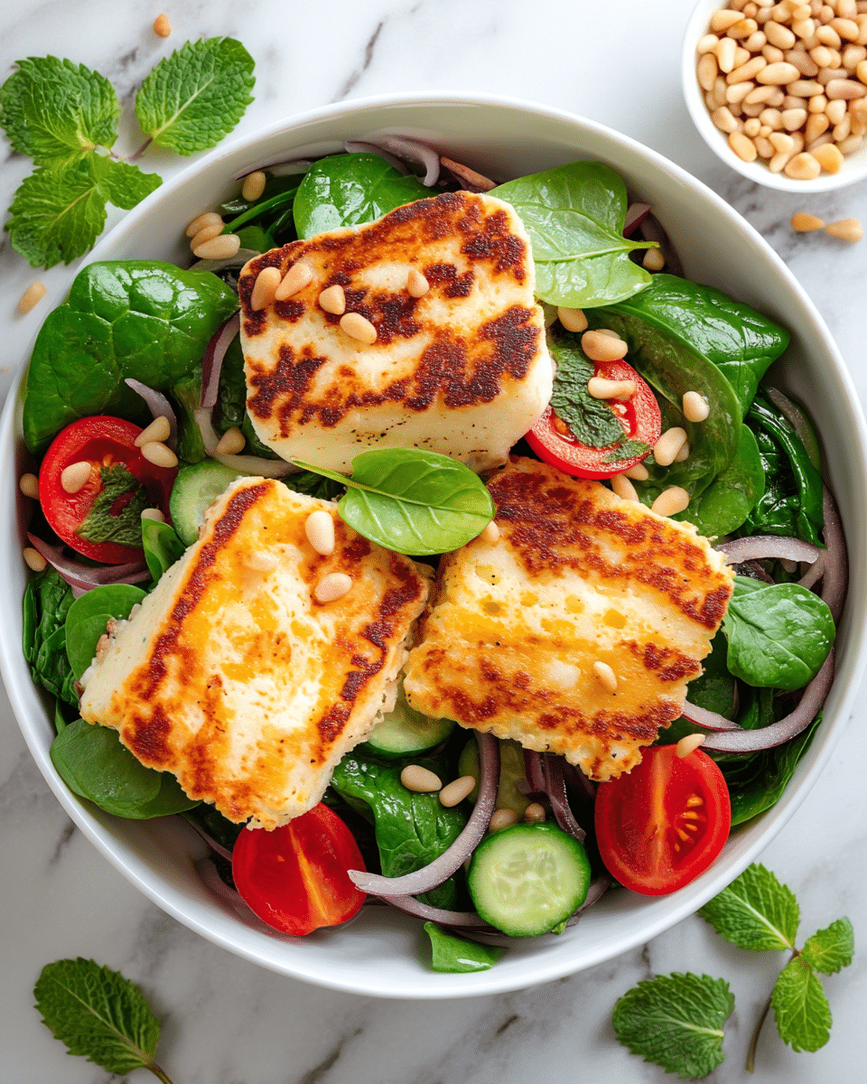 A white bowl holds a fresh salad with three large, golden-brown grilled cheese pieces on top. Underneath, there is a mix of dark green spinach leaves, bright red halved cherry tomatoes, thin slices of purple onion, and round pale green cucumber slices. Light tan pine nuts are sprinkled across the salad and cheese, while a few spinach leaves rest on top of the cheese. The bowl is set on a white marbled surface, with a small white bowl of pine nuts and some fresh mint leaves placed nearby. Photo taken with an iphone --ar 4:5 --v 7