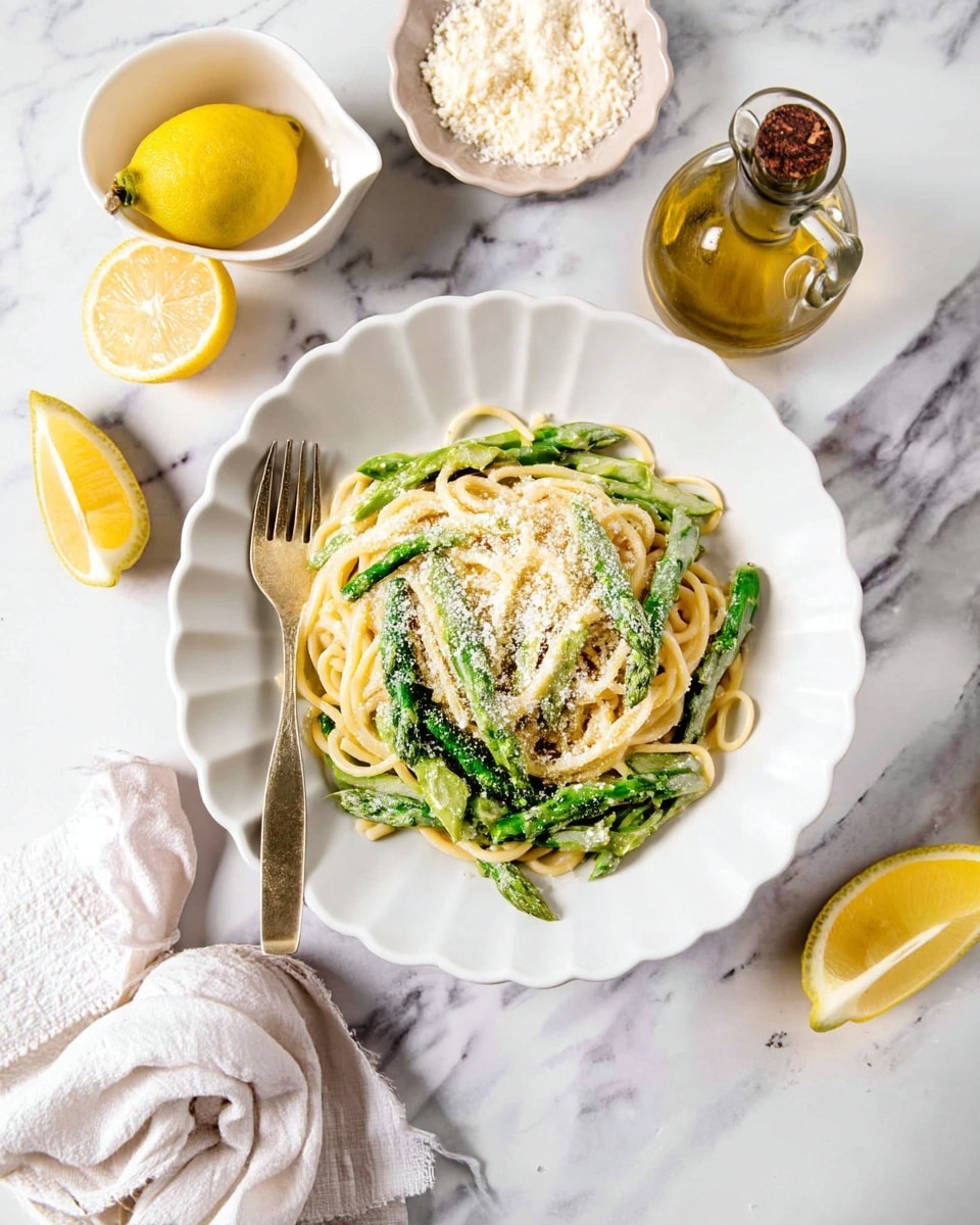 The dish shows a single-layer of creamy spaghetti on a white scalloped plate, mixed with bright green asparagus pieces, all coated lightly with a white sauce. On top, there is a sprinkle of fine, light-colored grated cheese. To the left of the plate, a silver fork rests partially on the noodles. Around the plate, on a white marbled surface, there are two lemon halves with bright yellow flesh, a small white bowl filled with grated cheese, a clear glass bottle holding golden olive oil, and a soft, white textured cloth loosely rolled. Photo taken with an iphone --ar 4:5 --v 7