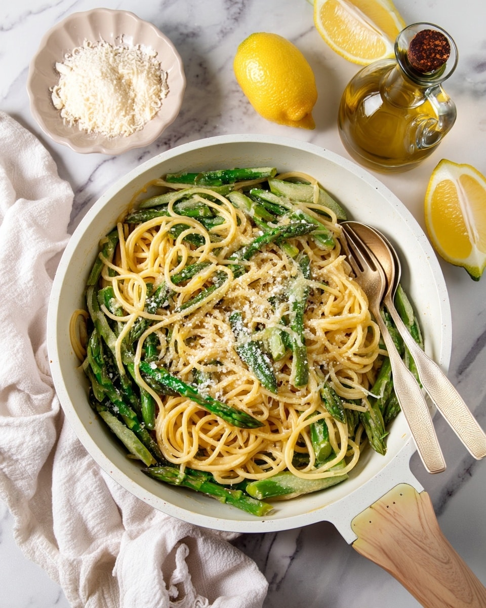 A white pan with a wooden handle holds a creamy pasta dish made of light yellow spaghetti mixed with bright green sliced asparagus pieces, all coated in a smooth sauce and sprinkled with white grated cheese on top; two silver forks rest on the right side inside the pan. Around the pan, a light beige small bowl contains more grated cheese, a clear glass bottle with yellow olive oil and a cork stopper, and three lemon wedges with pale yellow flesh, all set on a white marbled surface, with a crumpled off-white cloth at the lower left corner. photo taken with an iphone --ar 4:5 --v 7